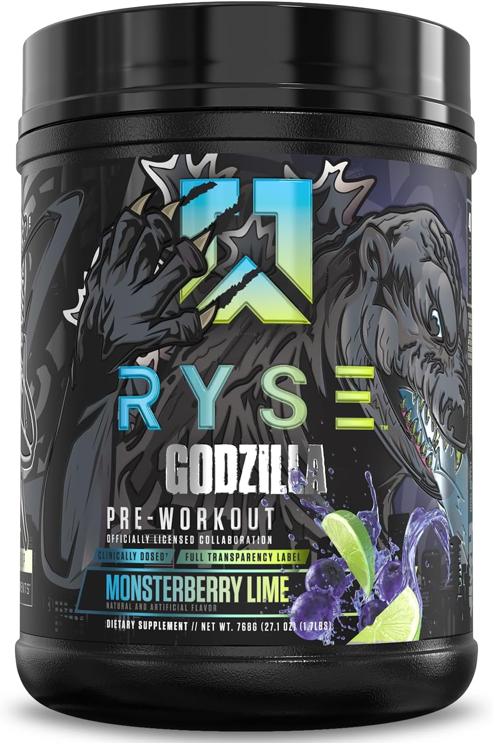 پودر مکمل قبل از تمرین رایز آپ ساپلمنتس Ryse Godzilla، طعم بری، 40 وعده