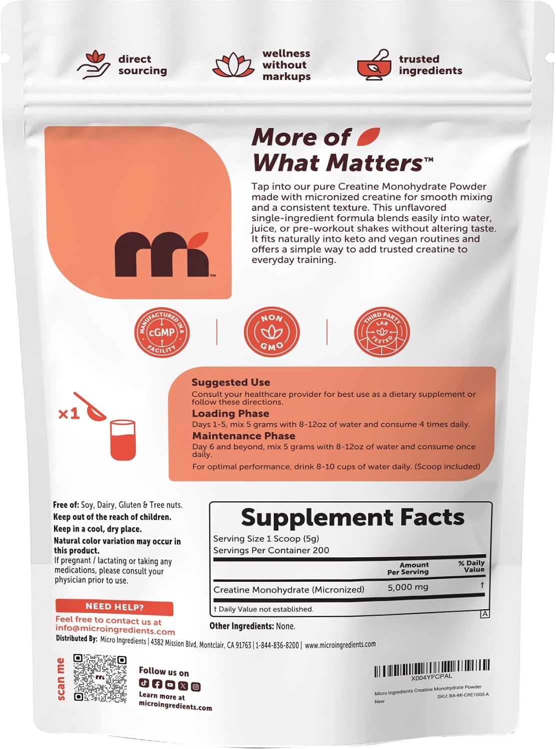پودر مکمل قبل از تمرین مایکرو اینگریدینتس Creatine Monohydrate، بدون طعم، 997.9 گرم