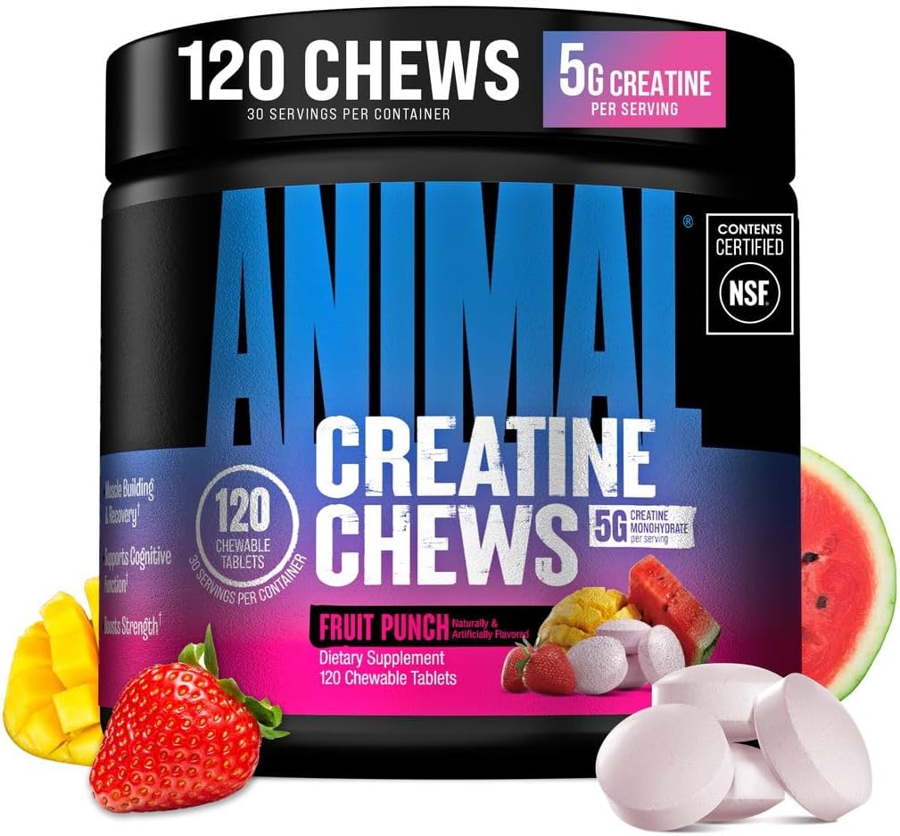 پودر مکمل قبل از تمرین انیمال Creatine Performance Chews Fruit Punch، طعم فروت پانچ، 1 گرم
