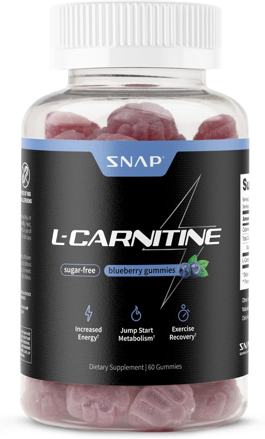 پاستیل مکمل قبل از تمرین اسنپ ساپلمنتس Sugar Free L Carnitine Gummies، طعم بری، 222 گرم