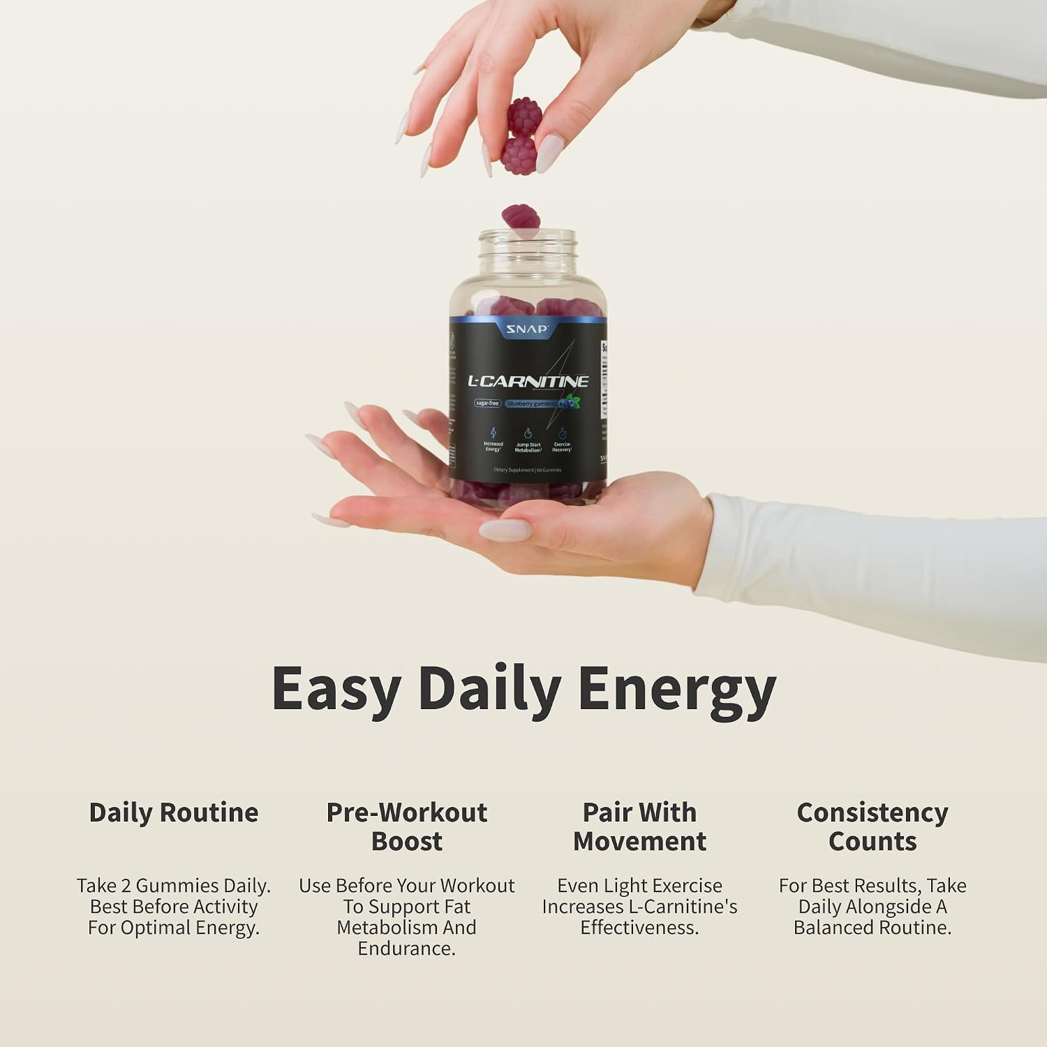 پاستیل مکمل قبل از تمرین اسنپ ساپلمنتس Sugar Free L Carnitine Gummies، طعم بری، 222 گرم