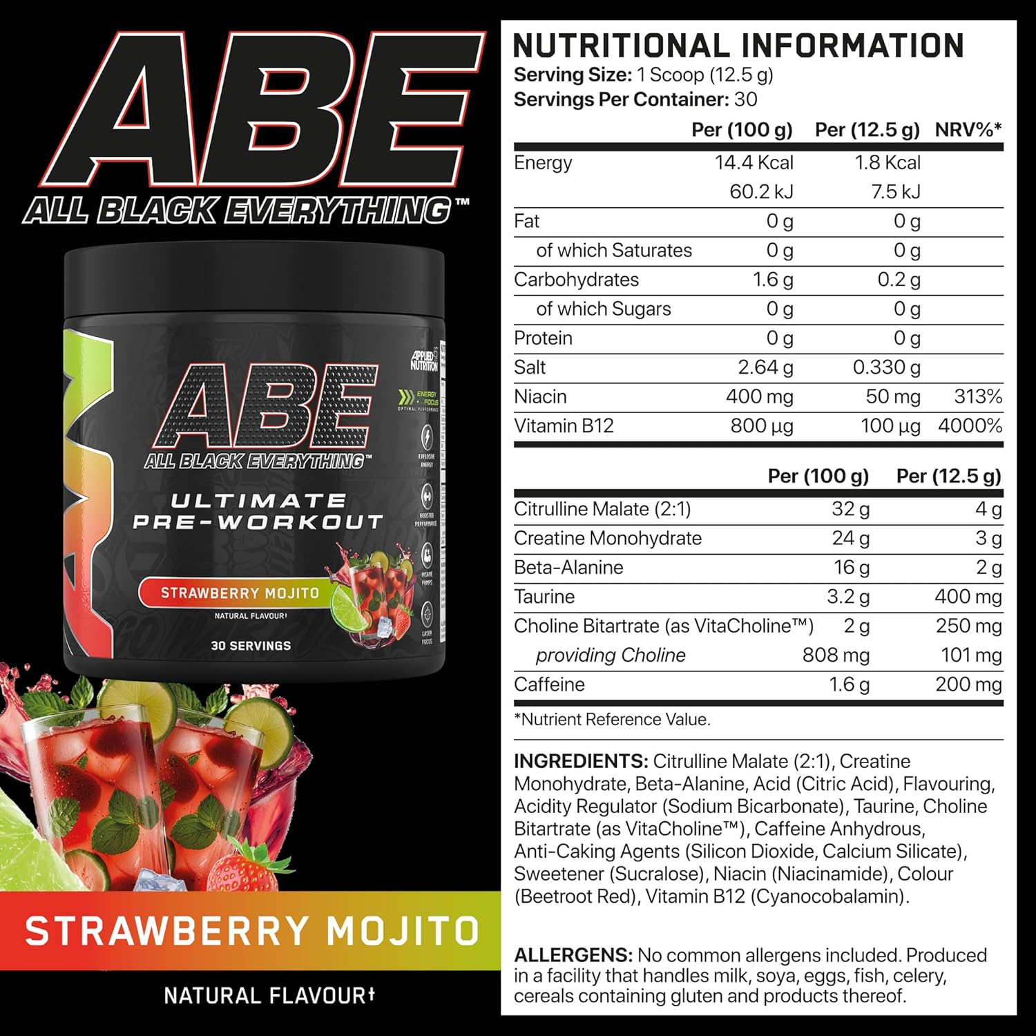 پودر مکمل قبل از تمرین اپلاید نوتریشن ABE، طعم توت‌فرنگی، 435 گرم