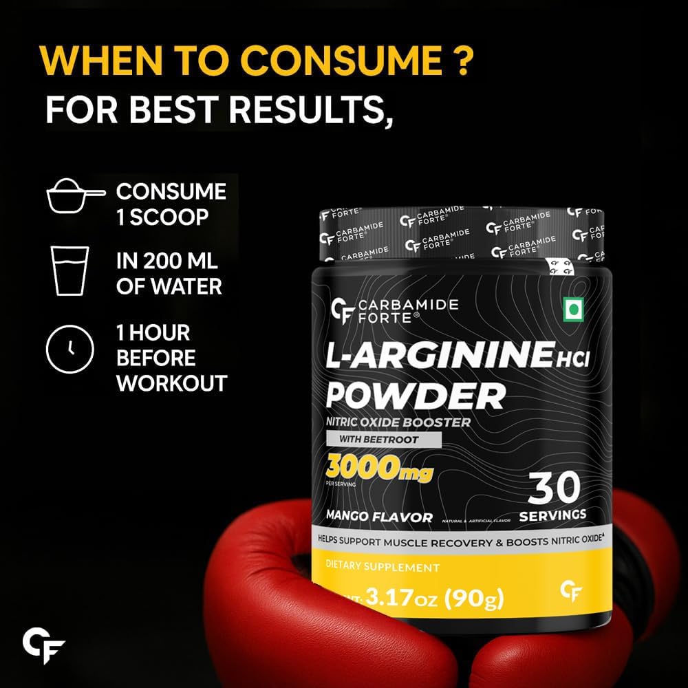 پودر مکمل قبل از تمرین کاربامید فورت L Arginine 3000mg، طعم انبه، 90 گرم