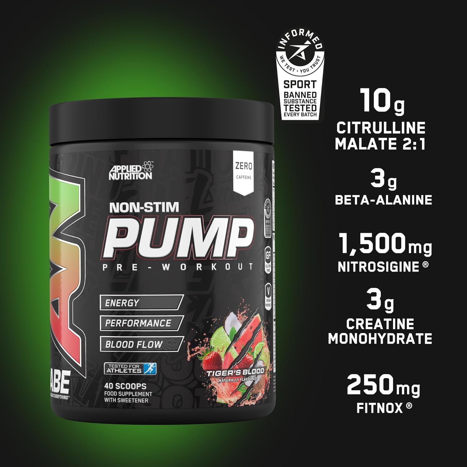 پودر مکمل قبل از تمرین اپلاید نوتریشن ABE Pump Stim Free، طعم تایگرز بلاد، 500 گرم