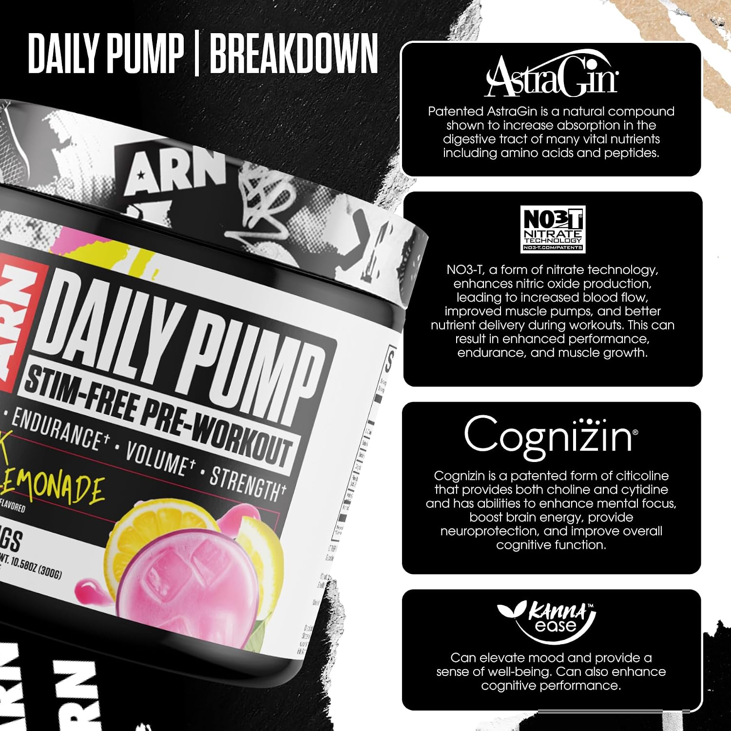 مکمل قبل از تمرین بدون کافئین آرمز ریس نوتریشن ARN | Daily Pump STIM – Free، طعم لیموناد صورتی، 20 وعده