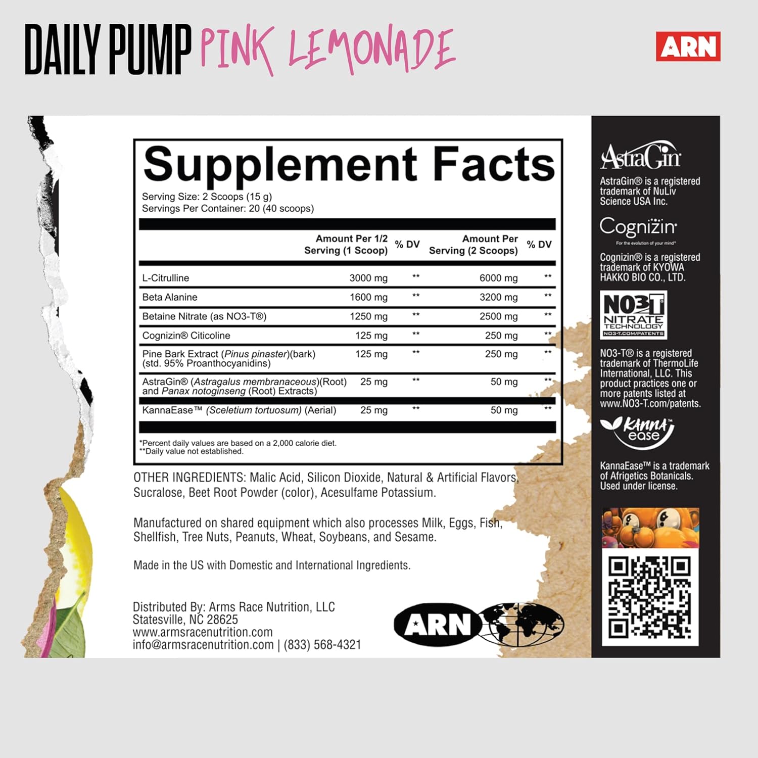 مکمل قبل از تمرین بدون کافئین آرمز ریس نوتریشن ARN | Daily Pump STIM – Free، طعم لیموناد صورتی، 20 وعده