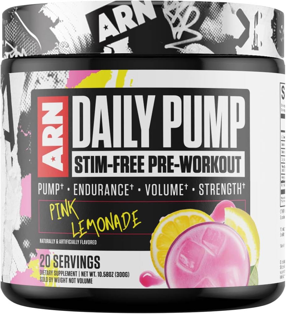 مکمل قبل از تمرین بدون کافئین آرمز ریس نوتریشن ARN | Daily Pump STIM – Free، طعم لیموناد صورتی، 20 وعده