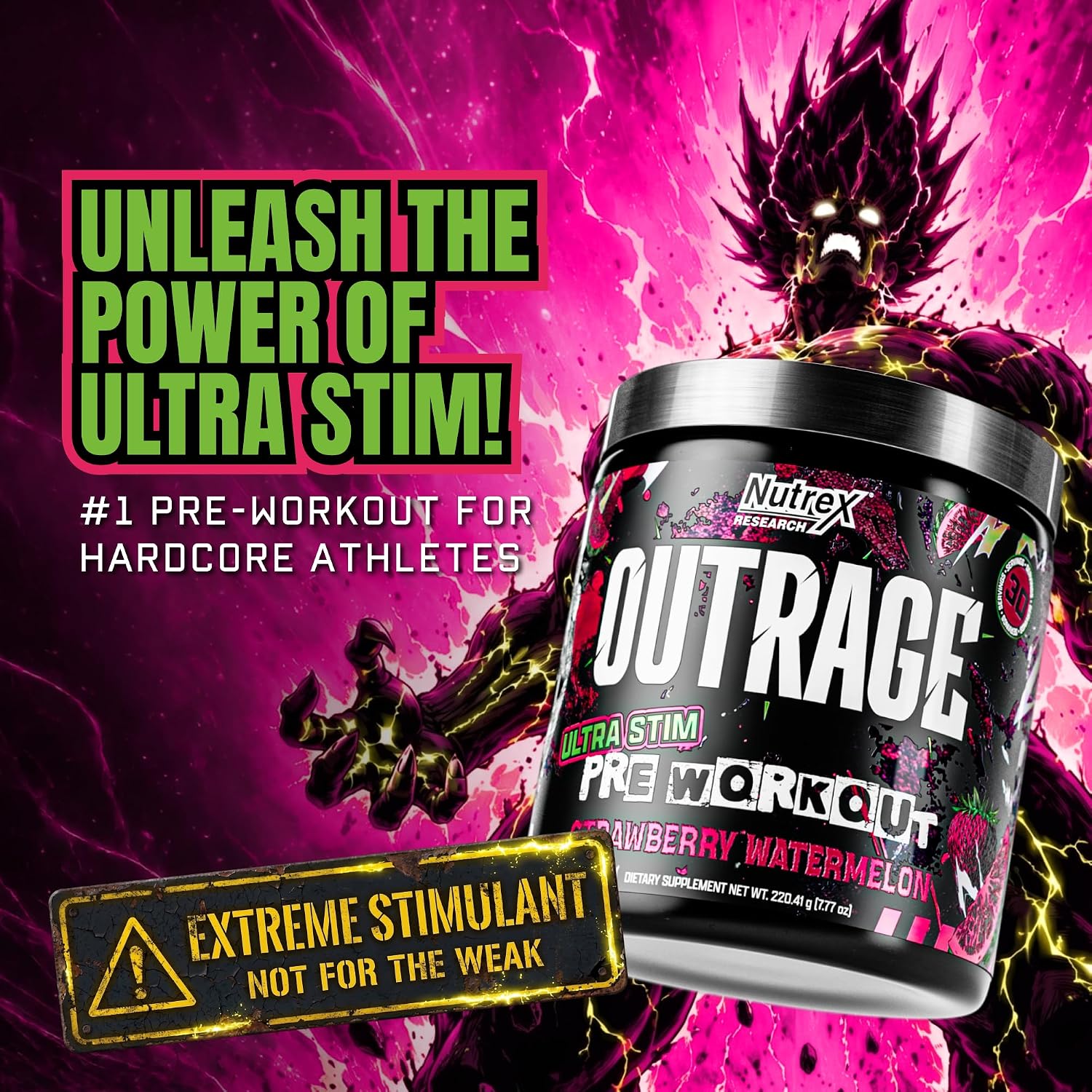 پودر مکمل قبل از تمرین ناترکس ریسرچ Outrage Ultra HIGH STIM، طعم هندوانه، 30 وعده