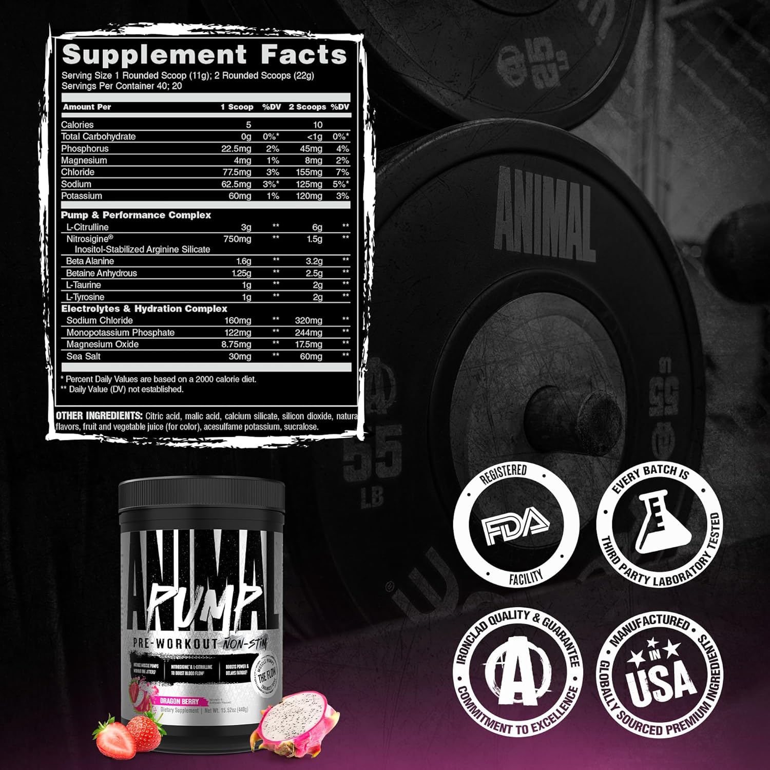 پودر مکمل قبل از تمرین انیمال Pump Dragon Berry، طعم بری، 440 گرم