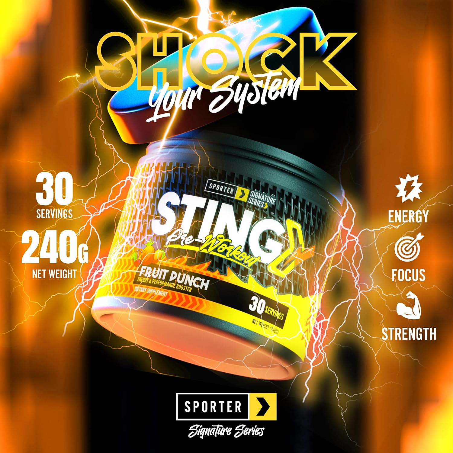 پودر مکمل قبل از تمرین اسپورتر استینگ، طعم فروت پانچ، 240 گرم