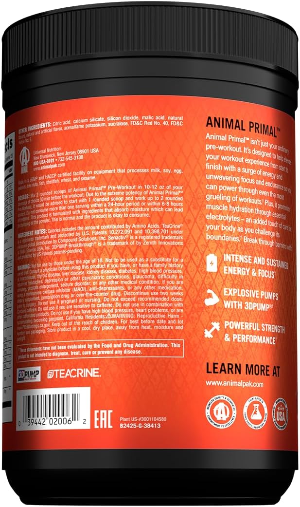 پودر مکمل قبل از تمرین انیمال Primal، طعم پرتقال، 501.79 گرم