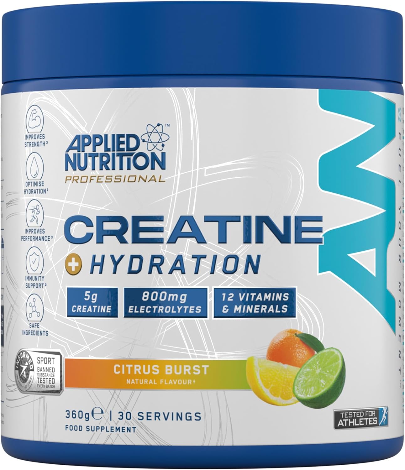 پودر مکمل قبل از تمرین اپلاید نوتریشن Creatine Monohydrate + for Rehydration، طعم تمشک آبی، 360 گرم