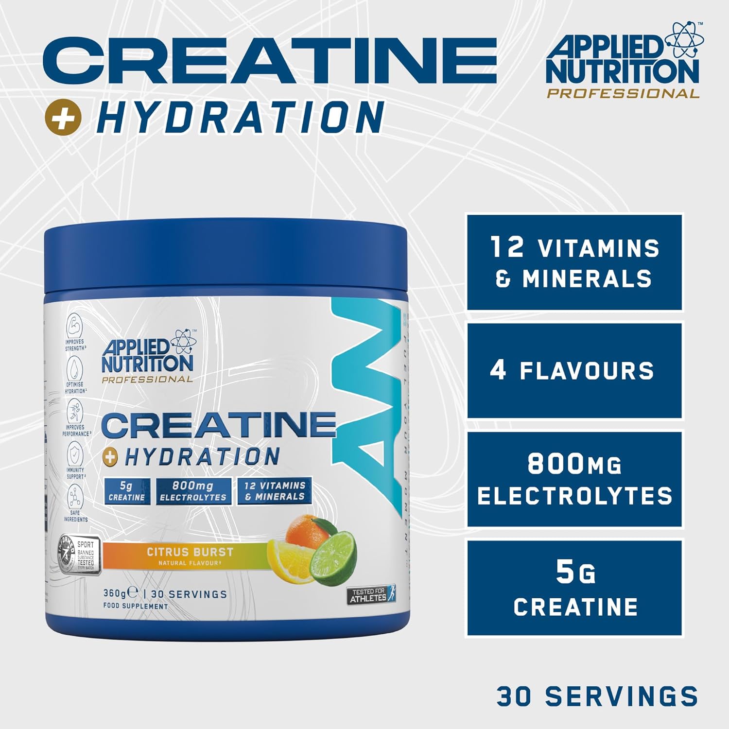 پودر مکمل قبل از تمرین اپلاید نوتریشن Creatine Monohydrate + for Rehydration، طعم تمشک آبی، 360 گرم