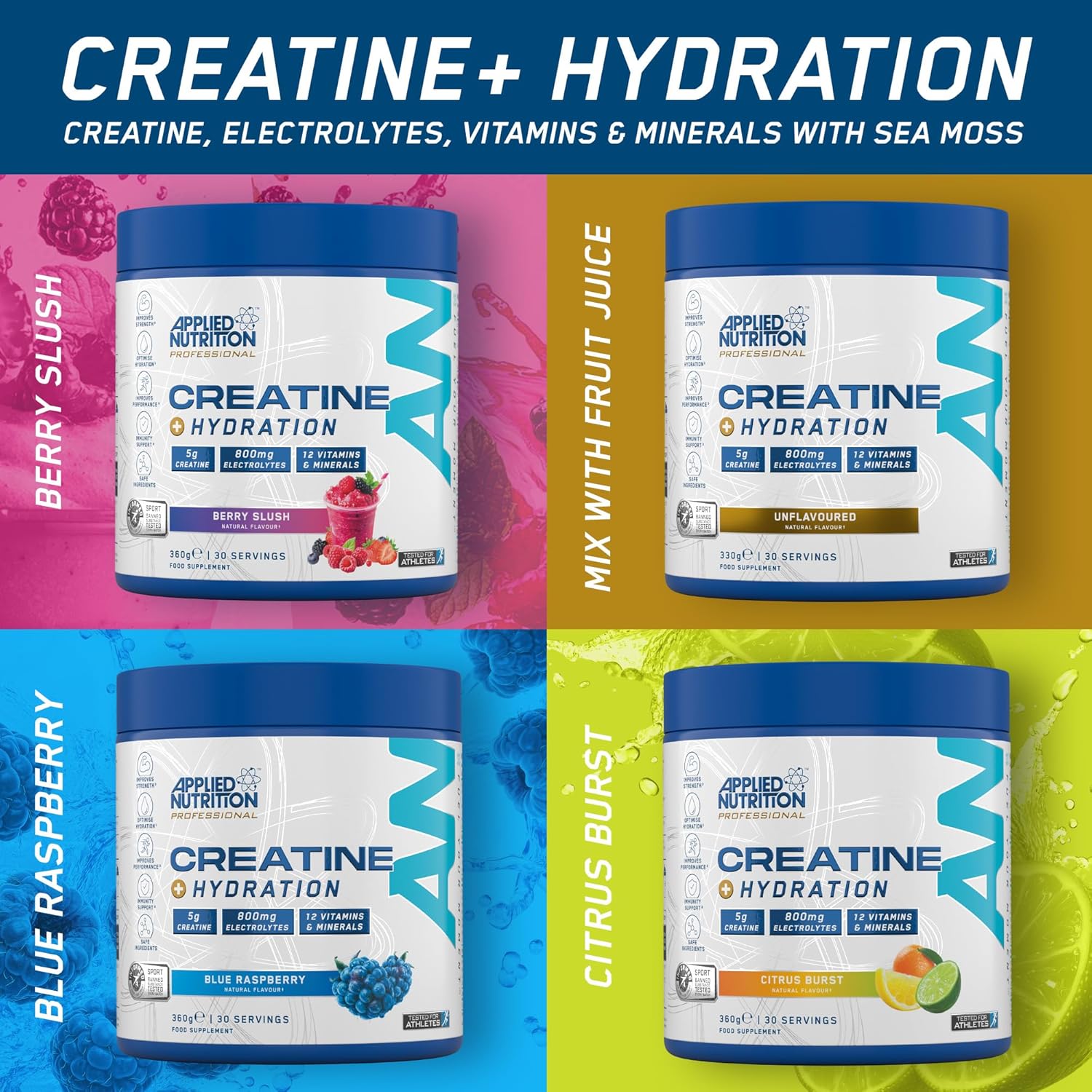 پودر مکمل قبل از تمرین اپلاید نوتریشن Creatine Monohydrate + for Rehydration، طعم تمشک آبی، 360 گرم