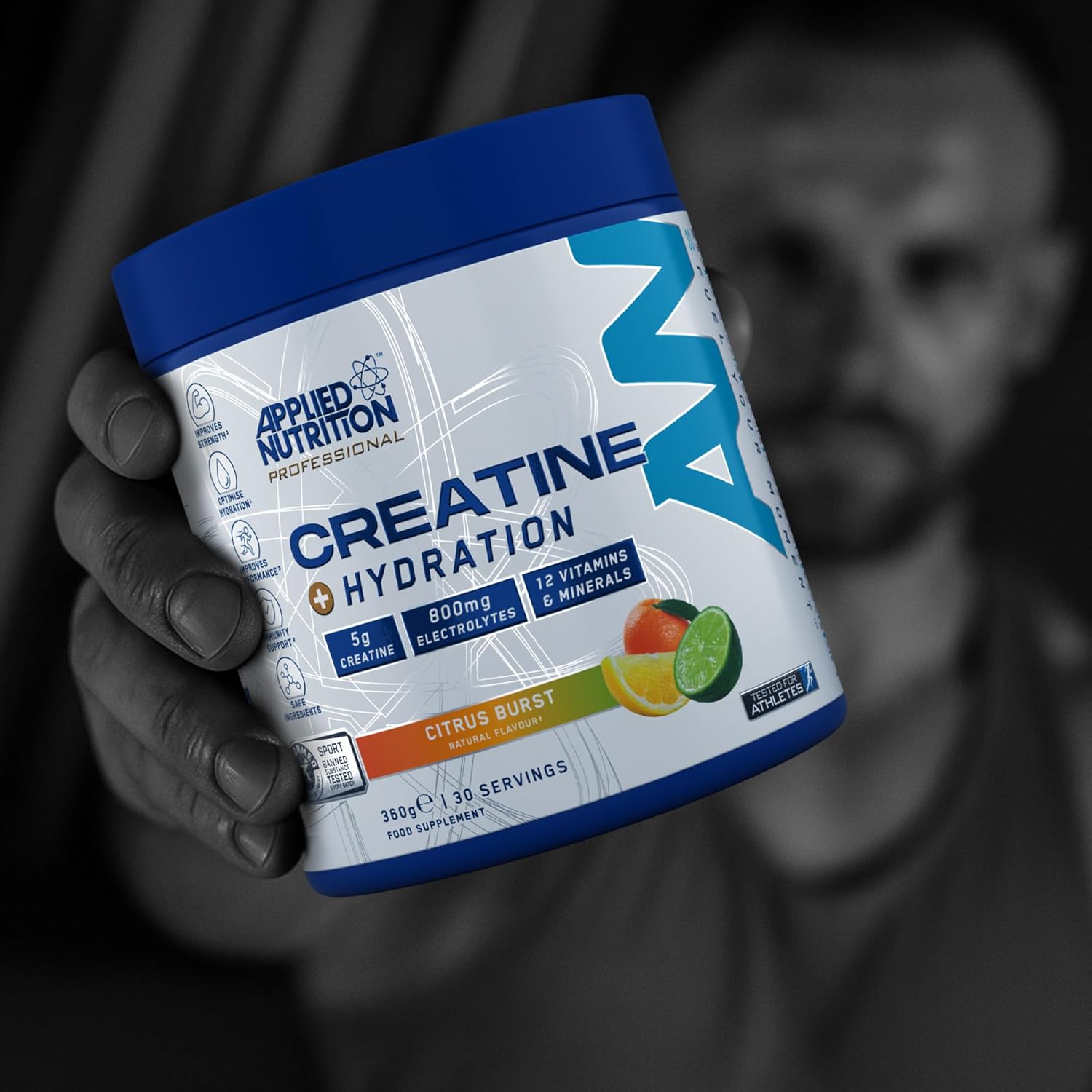 پودر مکمل قبل از تمرین اپلاید نوتریشن Creatine Monohydrate + for Rehydration، طعم تمشک آبی، 360 گرم