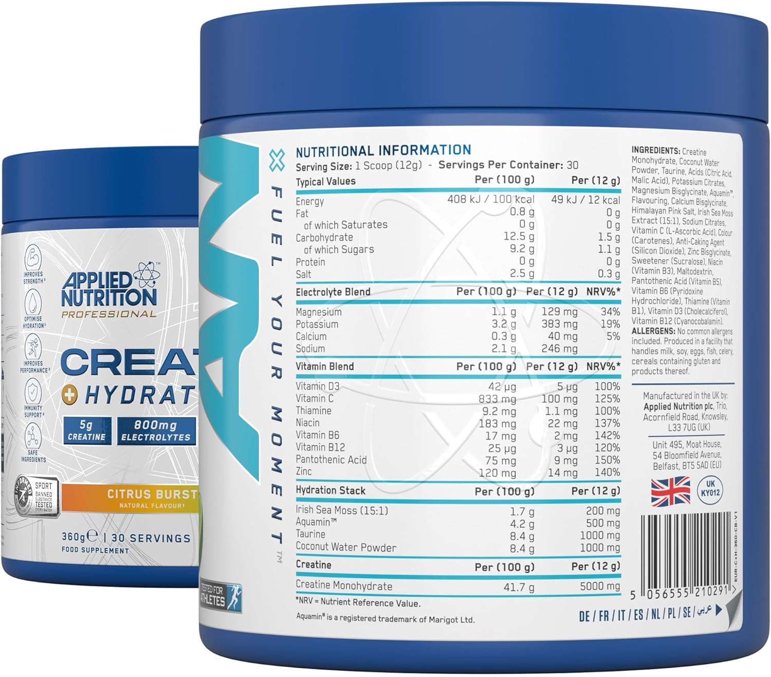 پودر مکمل قبل از تمرین اپلاید نوتریشن Creatine Monohydrate + for Rehydration، طعم تمشک آبی، 360 گرم