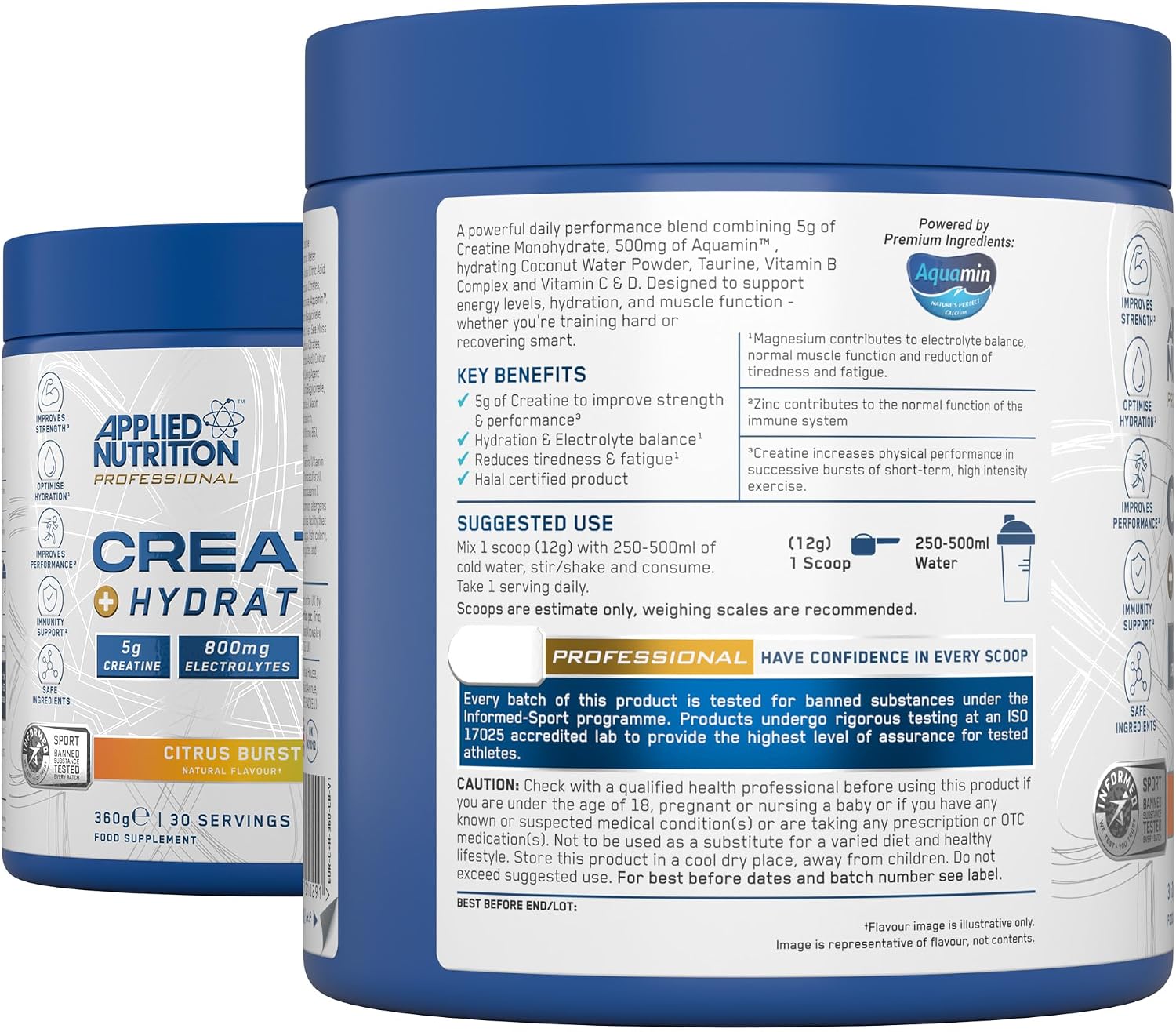 پودر مکمل قبل از تمرین اپلاید نوتریشن Creatine Monohydrate + for Rehydration، طعم تمشک آبی، 360 گرم