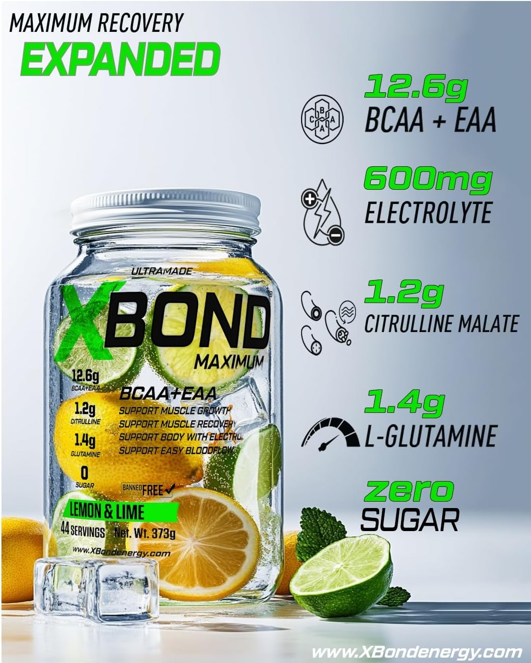 مکمل آمینو انرژی ایکس‌باند Maximum BCAA+EAA، طعم لیمو و لایم، 44 وعده