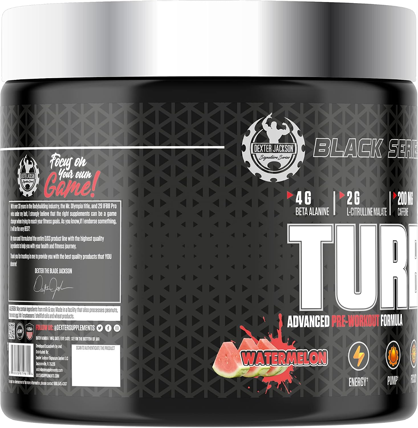 پودر مکمل قبل از تمرین دکستر جکسون Black سیگنچر سریز Turbo HP، طعم هندوانه، 45 وعده