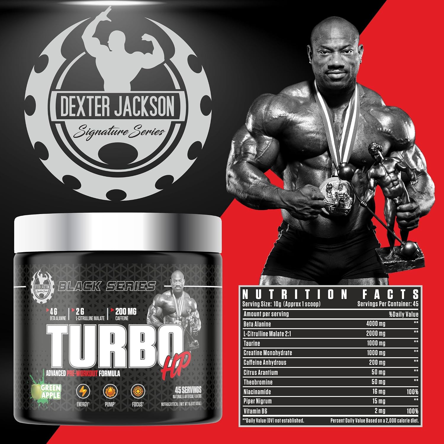 پودر مکمل قبل از تمرین دکستر جکسون Black سیگنچر سریز Turbo HP، طعم هندوانه، 45 وعده