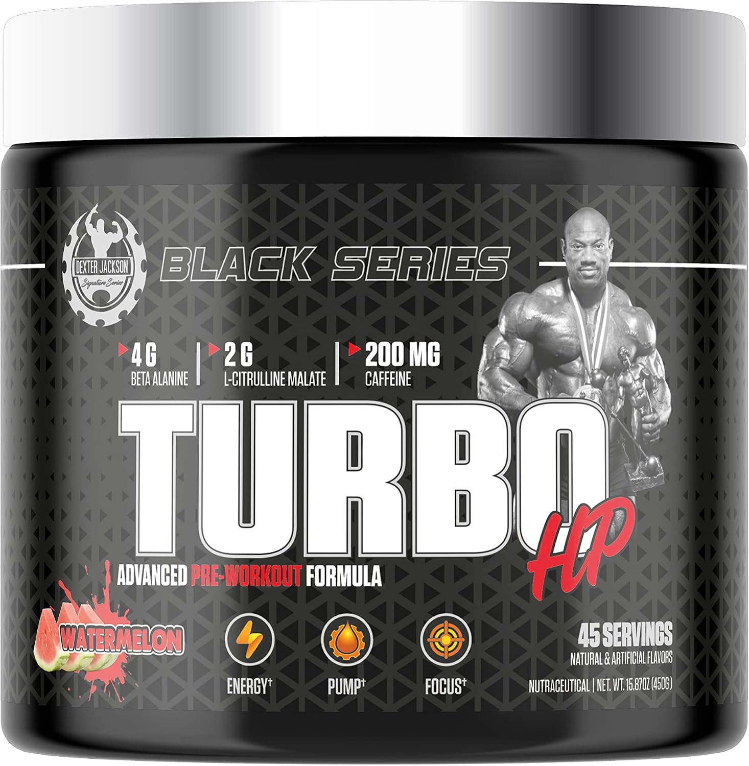 پودر مکمل قبل از تمرین دکستر جکسون Black سیگنچر سریز Turbo HP، طعم هندوانه، 45 وعده