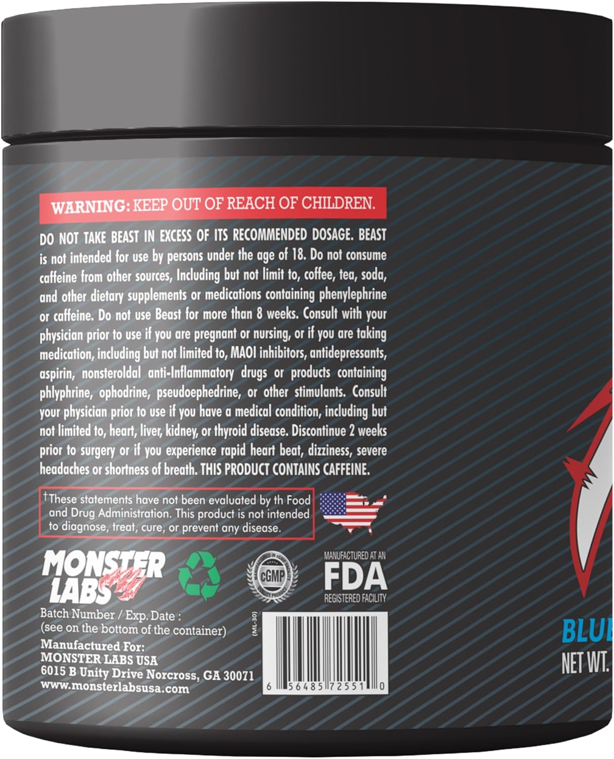 پودر مکمل قبل از تمرین مانستر لبز Monster Beast V2، طعم تمشک آبی، 35 وعده
