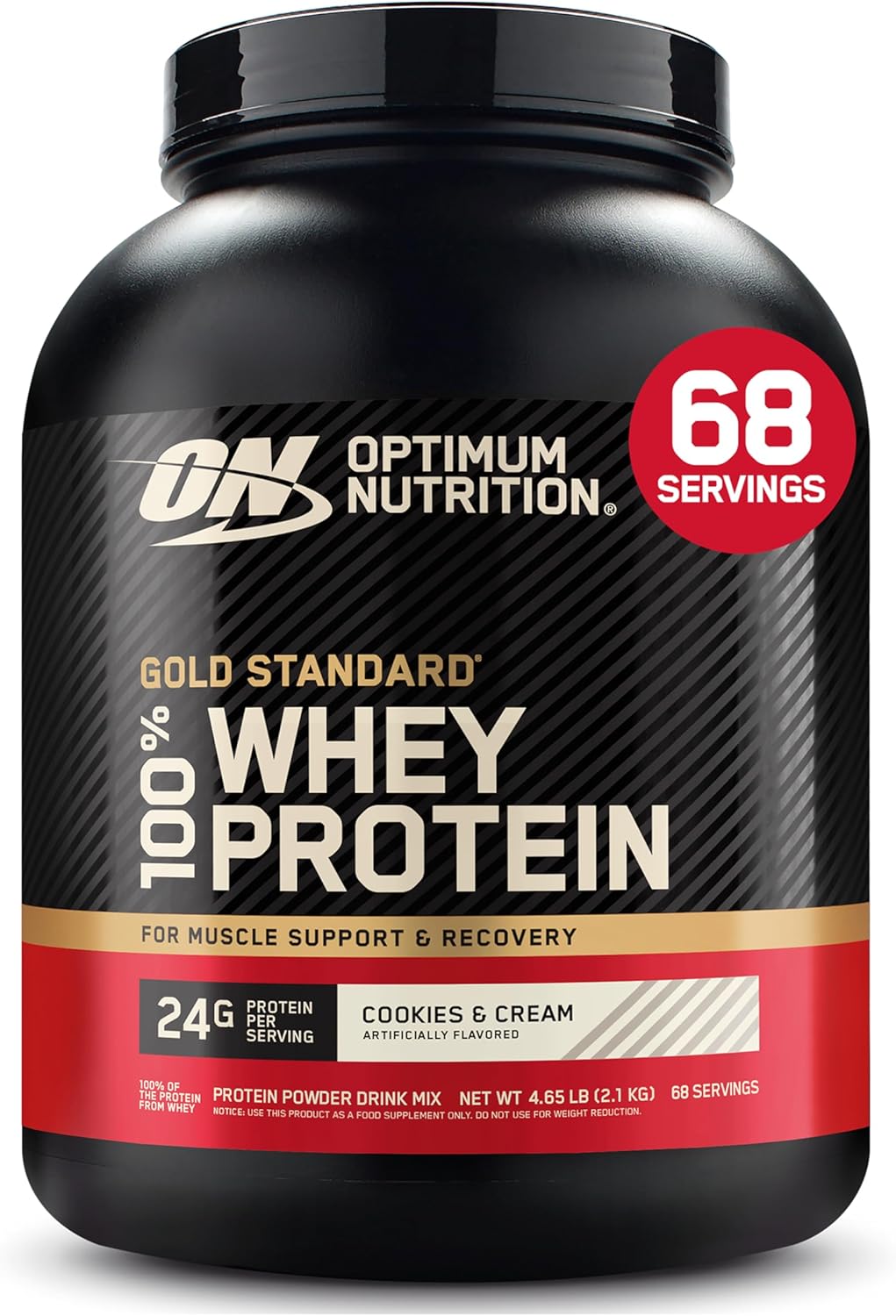 پودر پروتئین وی اپتیموم نوتریشن مدل Gold Standard 100% Whey، ۲۴ گرم پروتئین در هر سروینگ، ۲٫۱۱ کیلوگرم، طعم کوکیز و کرم