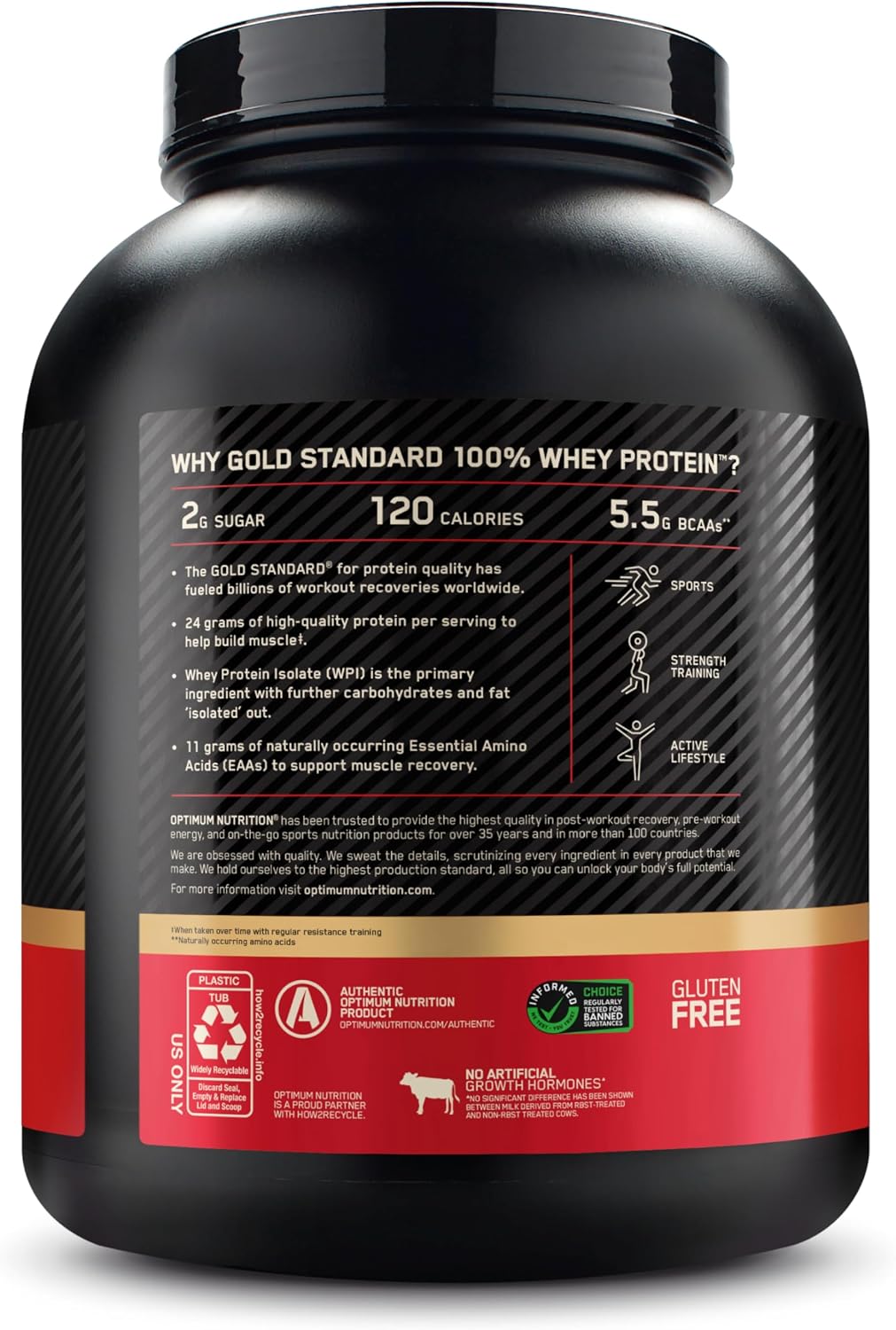 پودر پروتئین وی اپتیموم نوتریشن مدل Gold Standard 100% Whey، ۲۴ گرم پروتئین در هر سروینگ، ۲٫۱۱ کیلوگرم، طعم کوکیز و کرم
