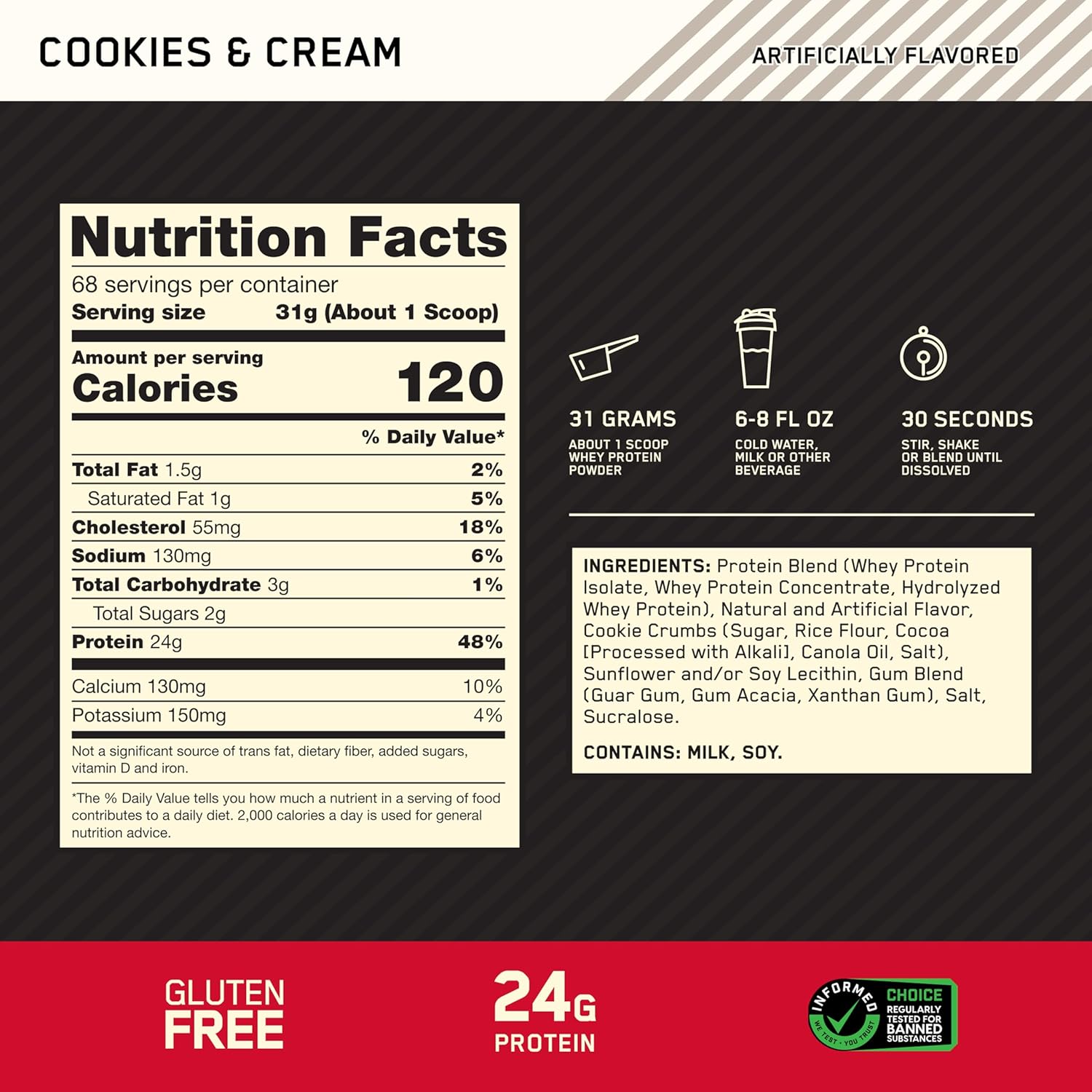 پودر پروتئین وی اپتیموم نوتریشن مدل Gold Standard 100% Whey، ۲۴ گرم پروتئین در هر سروینگ، ۲٫۱۱ کیلوگرم، طعم کوکیز و کرم