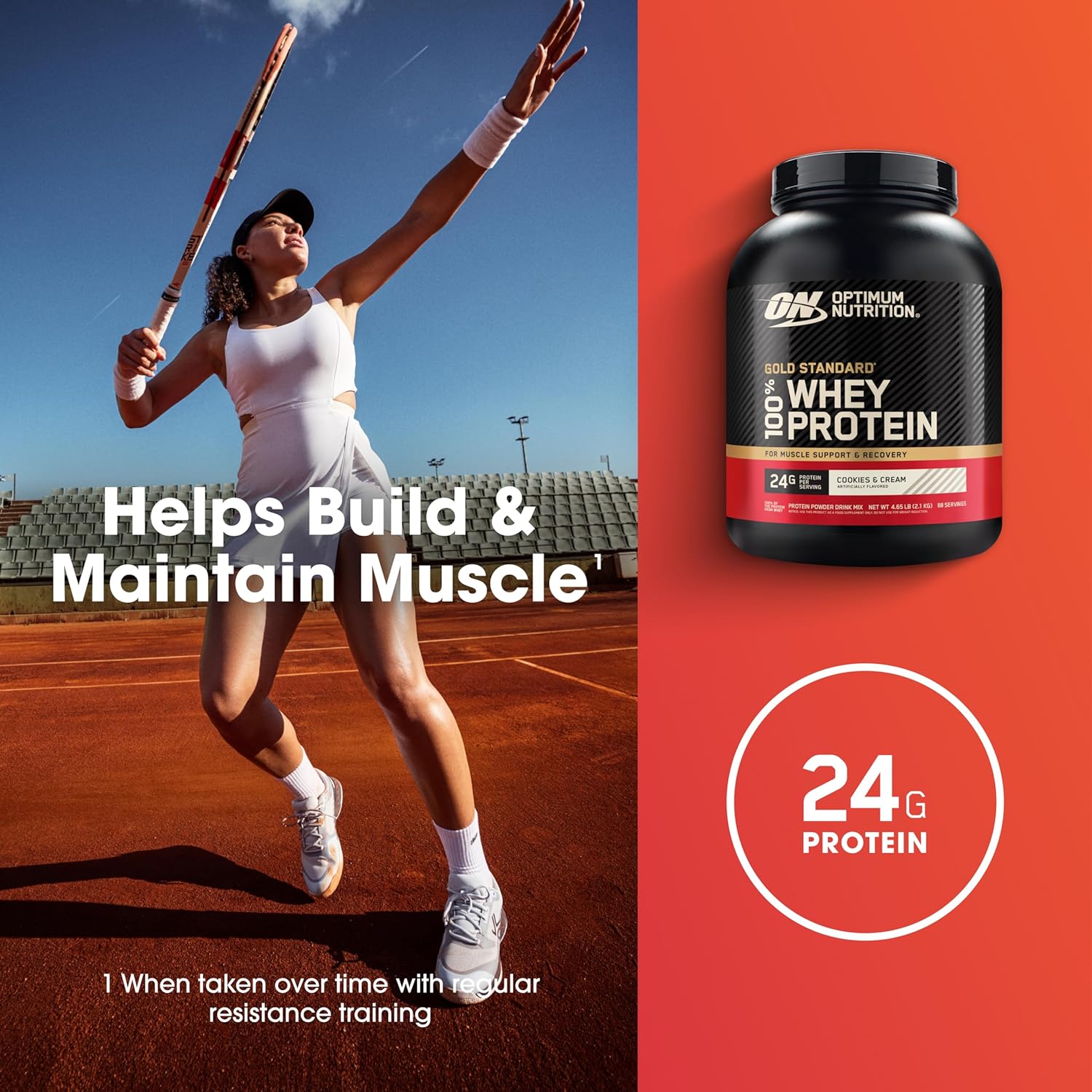 پودر پروتئین وی اپتیموم نوتریشن مدل Gold Standard 100% Whey، ۲۴ گرم پروتئین در هر سروینگ، ۲٫۱۱ کیلوگرم، طعم کوکیز و کرم