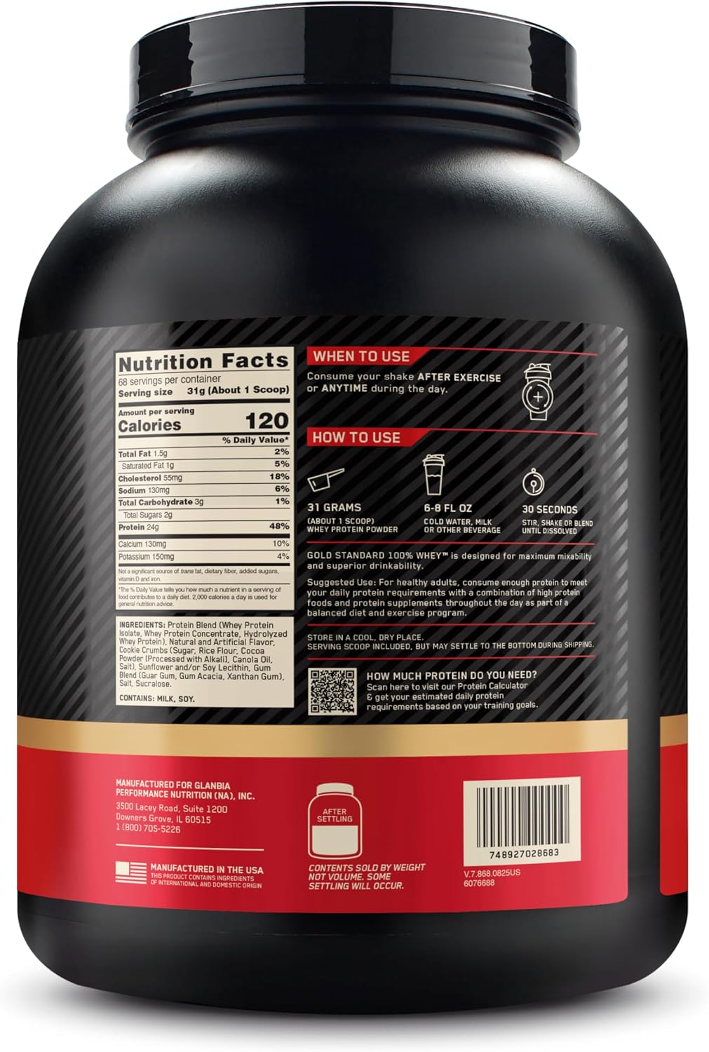 پودر پروتئین وی اپتیموم نوتریشن مدل Gold Standard 100% Whey، ۲۴ گرم پروتئین در هر سروینگ، ۲٫۱۱ کیلوگرم، طعم کوکیز و کرم