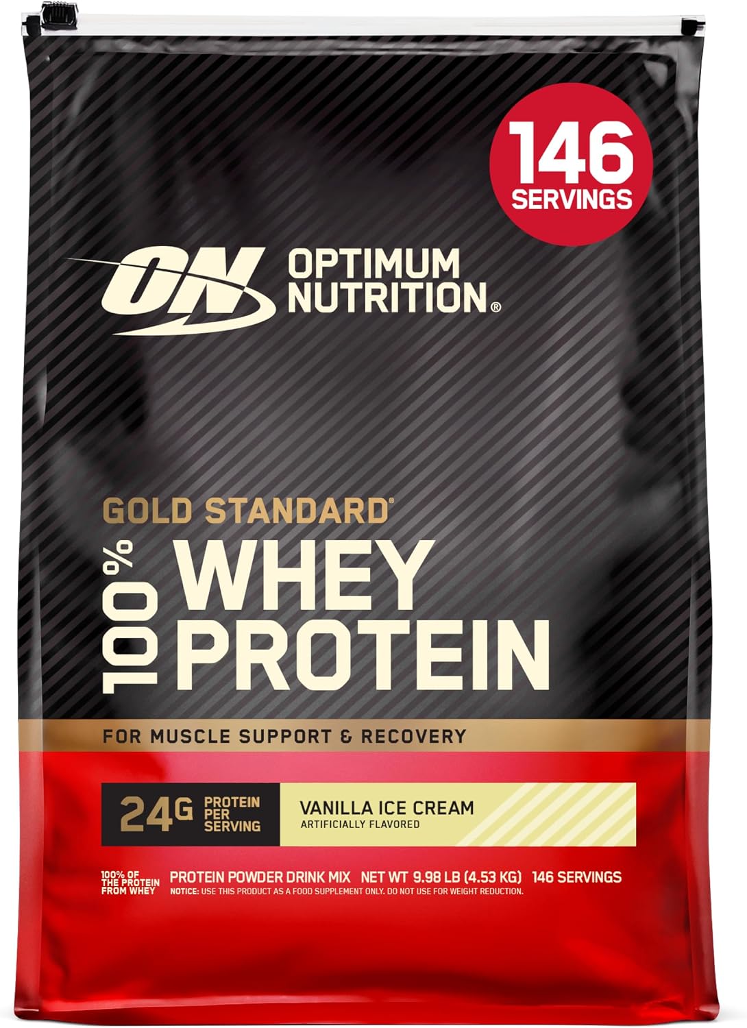پودر پروتئین وی اپتیموم نوتریشن مدل Gold Standard 100% Whey، ۲۴ گرم پروتئین در هر سروینگ، ۴٫۵۳ کیلوگرم، طعم بستنی وانیلی