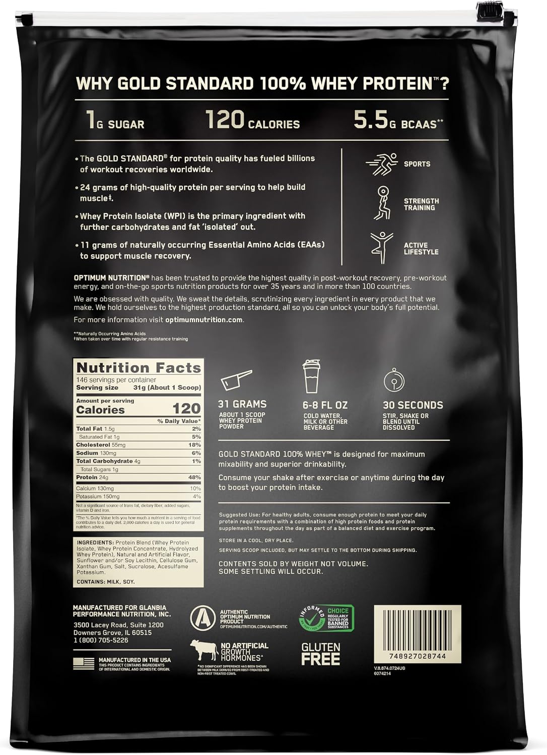 پودر پروتئین وی اپتیموم نوتریشن مدل Gold Standard 100% Whey، ۲۴ گرم پروتئین در هر سروینگ، ۴٫۵۳ کیلوگرم، طعم بستنی وانیلی