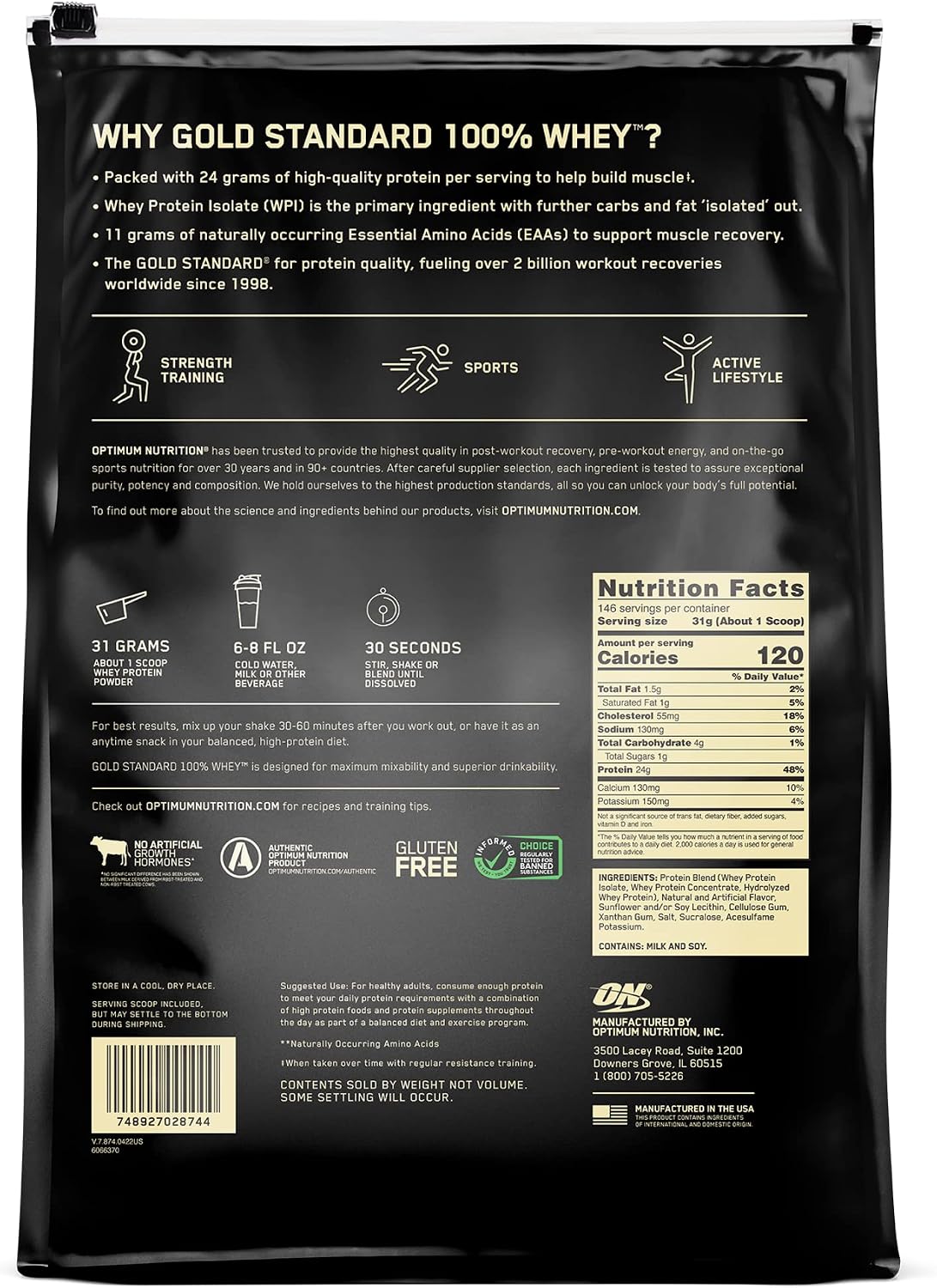 پودر پروتئین وی اپتیموم نوتریشن مدل Gold Standard 100% Whey، ۲۴ گرم پروتئین در هر سروینگ، ۴٫۵۳ کیلوگرم، طعم بستنی وانیلی