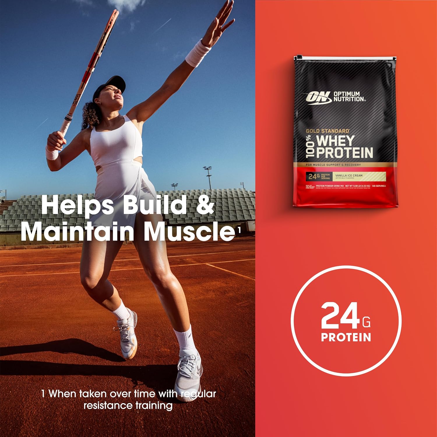 پودر پروتئین وی اپتیموم نوتریشن مدل Gold Standard 100% Whey، ۲۴ گرم پروتئین در هر سروینگ، ۴٫۵۳ کیلوگرم، طعم بستنی وانیلی