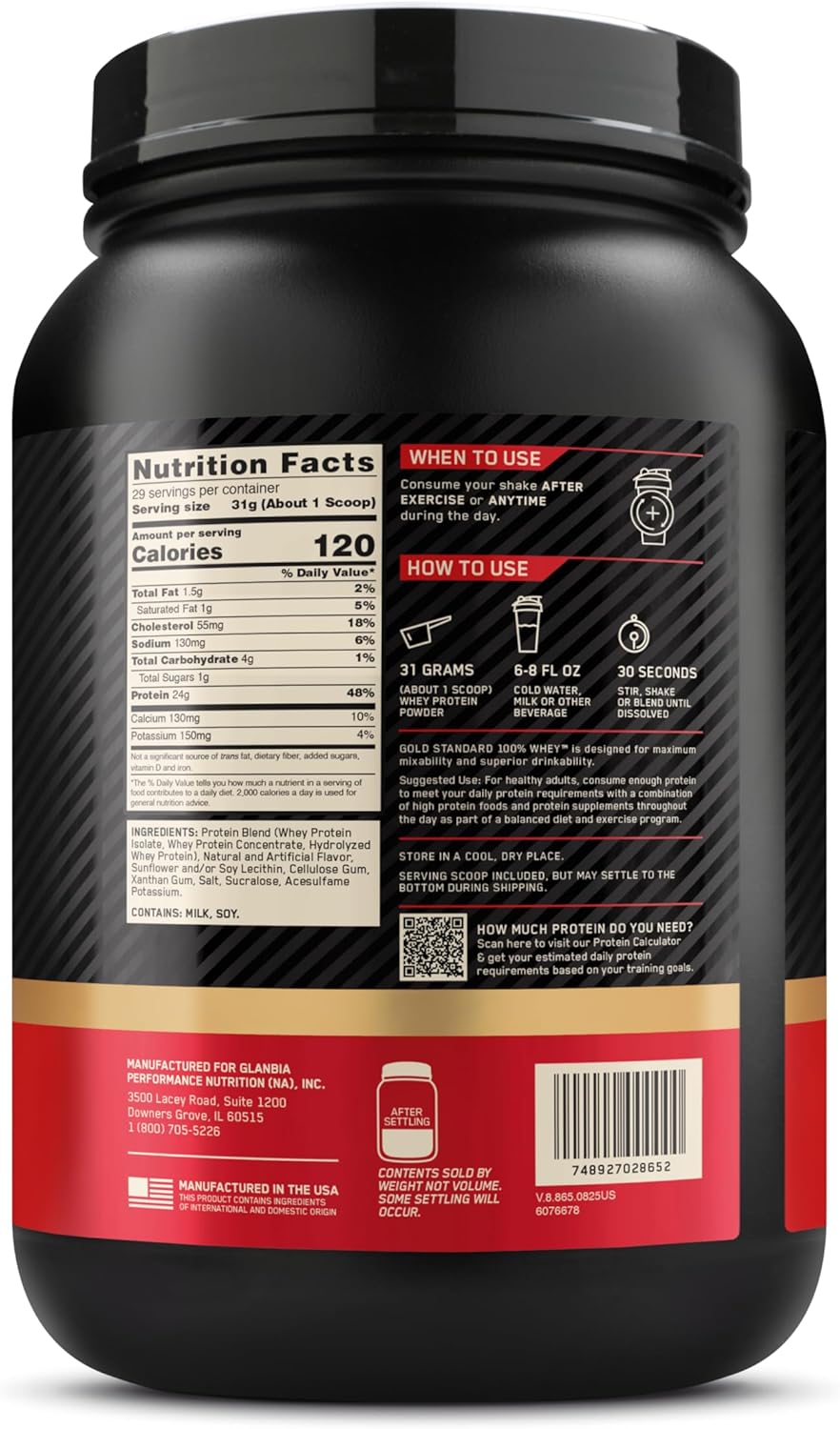 پودر پروتئین وی اپتیموم نوتریشن مدل Gold Standard 100% Whey، ۲۴ گرم پروتئین، ۸۹۹ گرم و طعم بستنی وانیلی