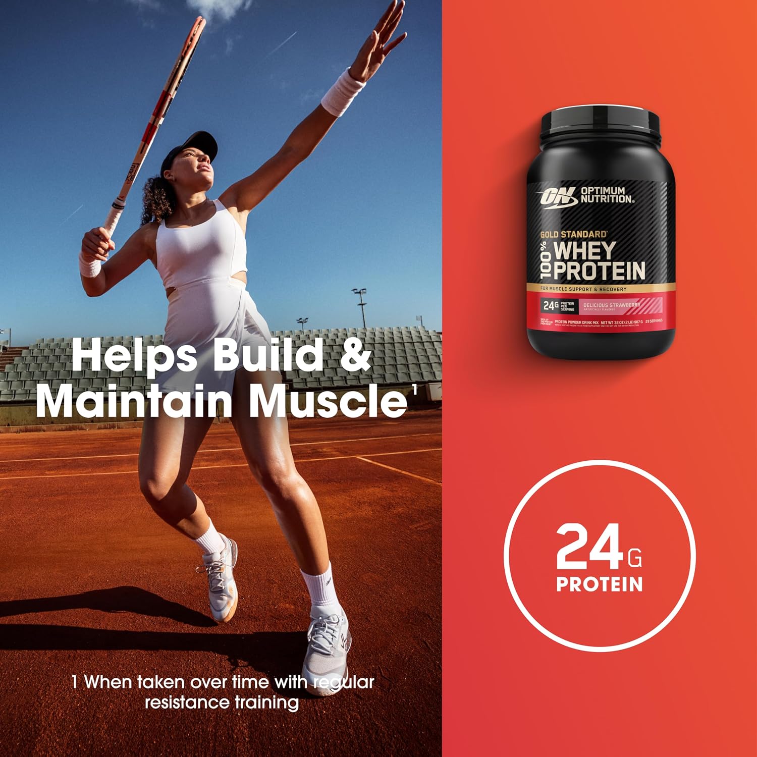 پودر پروتئین وی اپتیموم نوتریشن مدل Gold Standard 100% Whey، ۲۴ گرم پروتئین در هر سروینگ، ۹۰۷ گرم، طعم توت‌فرنگی