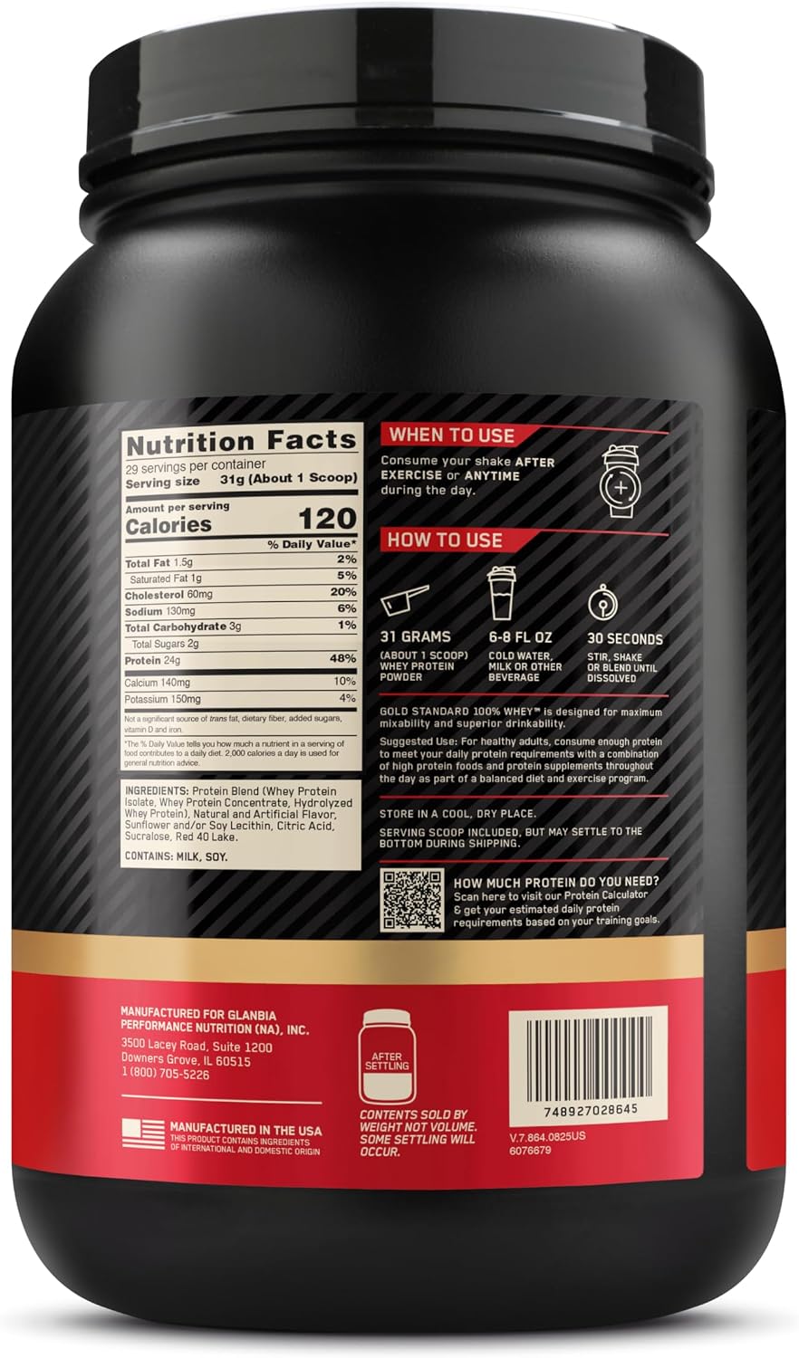 پودر پروتئین وی اپتیموم نوتریشن مدل Gold Standard 100% Whey، ۲۴ گرم پروتئین در هر سروینگ، ۹۰۷ گرم، طعم توت‌فرنگی