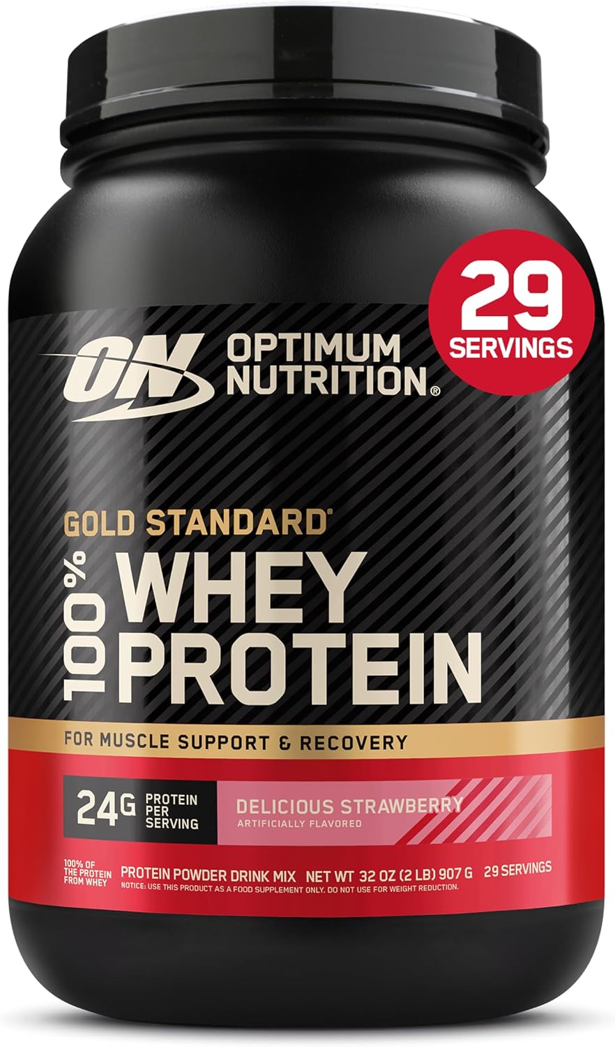 پودر پروتئین وی اپتیموم نوتریشن مدل Gold Standard 100% Whey، ۲۴ گرم پروتئین در هر سروینگ، ۹۰۷ گرم، طعم توت‌فرنگی