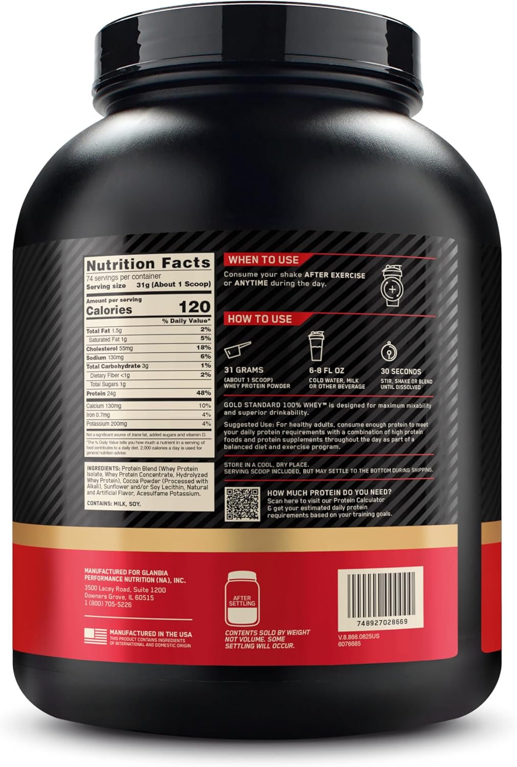 پودر پروتئین وی اپتیموم نوتریشن مدل Gold Standard 100% Whey، ۲۴ گرم پروتئین، ۲.۲۷ کیلوگرم و طعم شکلات غلیظ