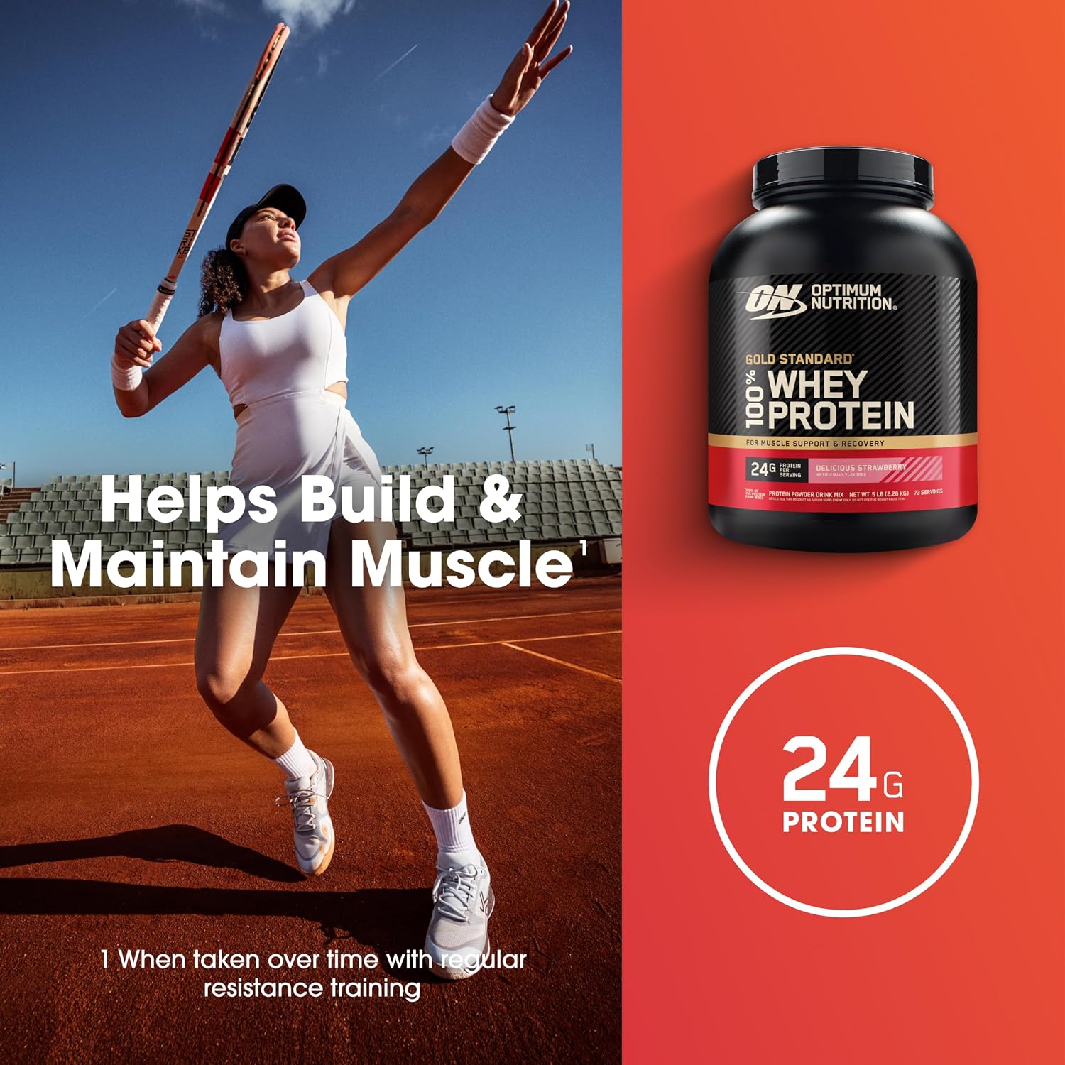 پودر پروتئین وی اپتیموم نوتریشن مدل Gold Standard 100% Whey، ۲۴ گرم پروتئین در هر سروینگ، ۲٫۲۷ کیلوگرم، طعم توت‌فرنگی