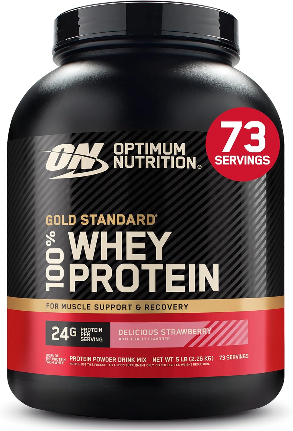 پودر پروتئین وی اپتیموم نوتریشن مدل Gold Standard 100% Whey، ۲۴ گرم پروتئین در هر سروینگ، ۲٫۲۷ کیلوگرم، طعم توت‌فرنگی