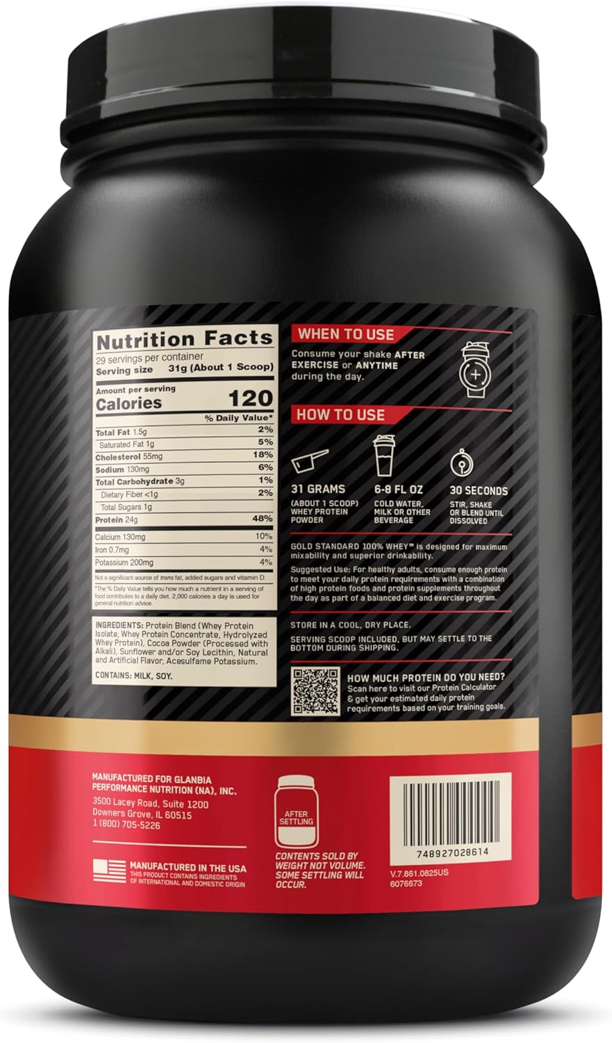 پودر پروتئین وی اپتیموم نوتریشن مدل Gold Standard 100% Whey، ۲۴ گرم پروتئین، ۹۰۷ گرم و طعم شکلات غلیظ