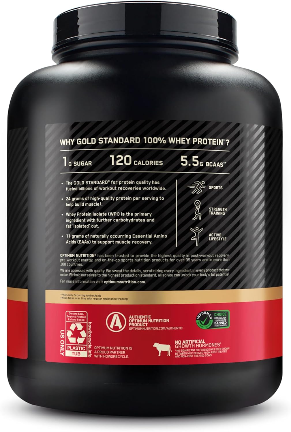 پودر پروتئین وی اپتیموم نوتریشن مدل Gold Standard 100% Whey، ۲٫۲۷ کیلوگرم، طعم توت‌فرنگی و موز، حاوی BCAA