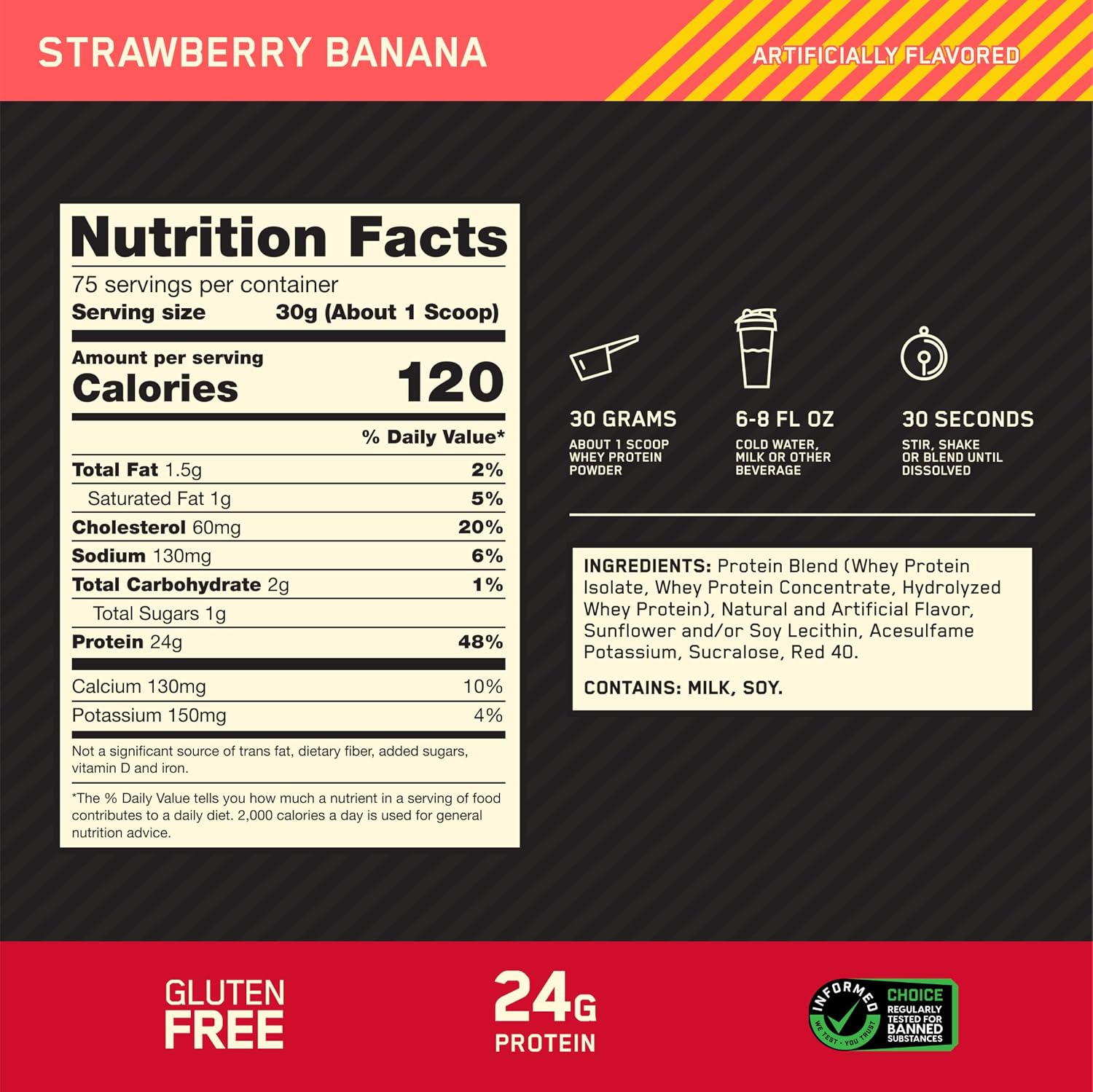 پودر پروتئین وی اپتیموم نوتریشن مدل Gold Standard 100% Whey، ۲٫۲۷ کیلوگرم، طعم توت‌فرنگی و موز، حاوی BCAA