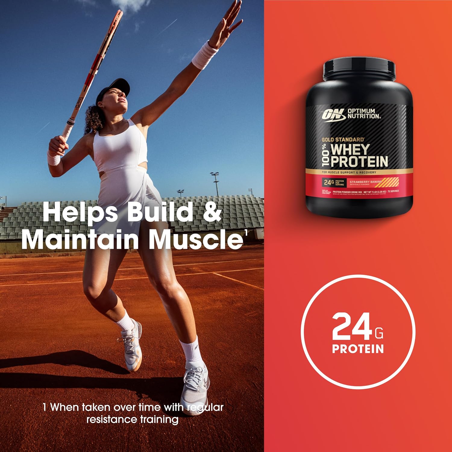 پودر پروتئین وی اپتیموم نوتریشن مدل Gold Standard 100% Whey، ۲٫۲۷ کیلوگرم، طعم توت‌فرنگی و موز، حاوی BCAA