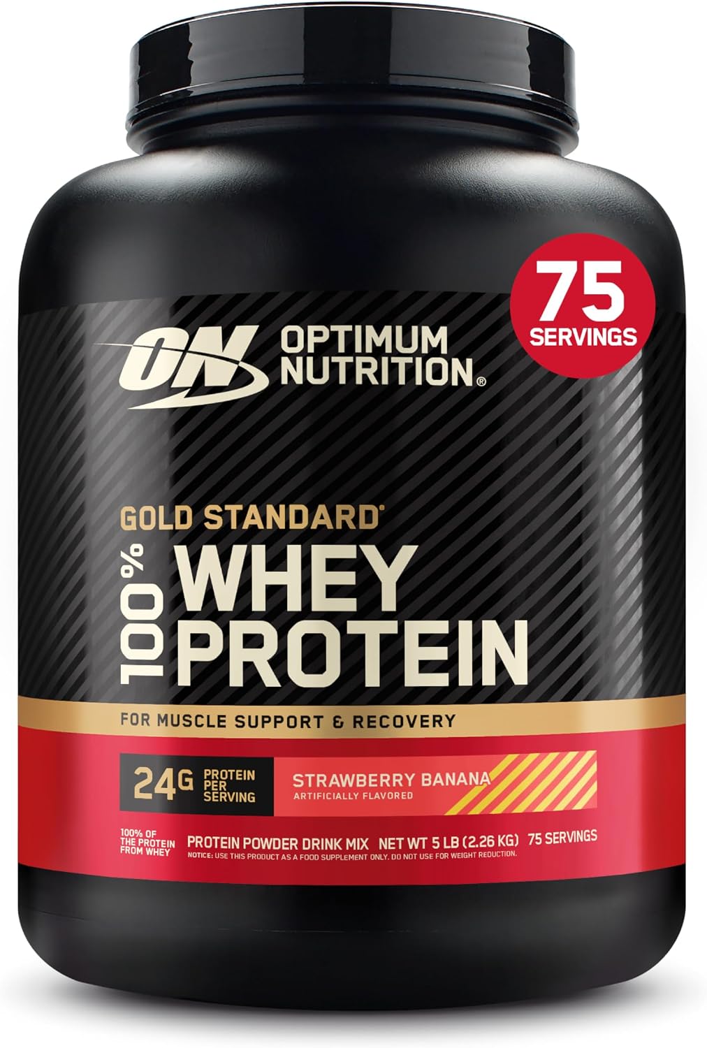 پودر پروتئین وی اپتیموم نوتریشن مدل Gold Standard 100% Whey، ۲٫۲۷ کیلوگرم، طعم توت‌فرنگی و موز، حاوی BCAA