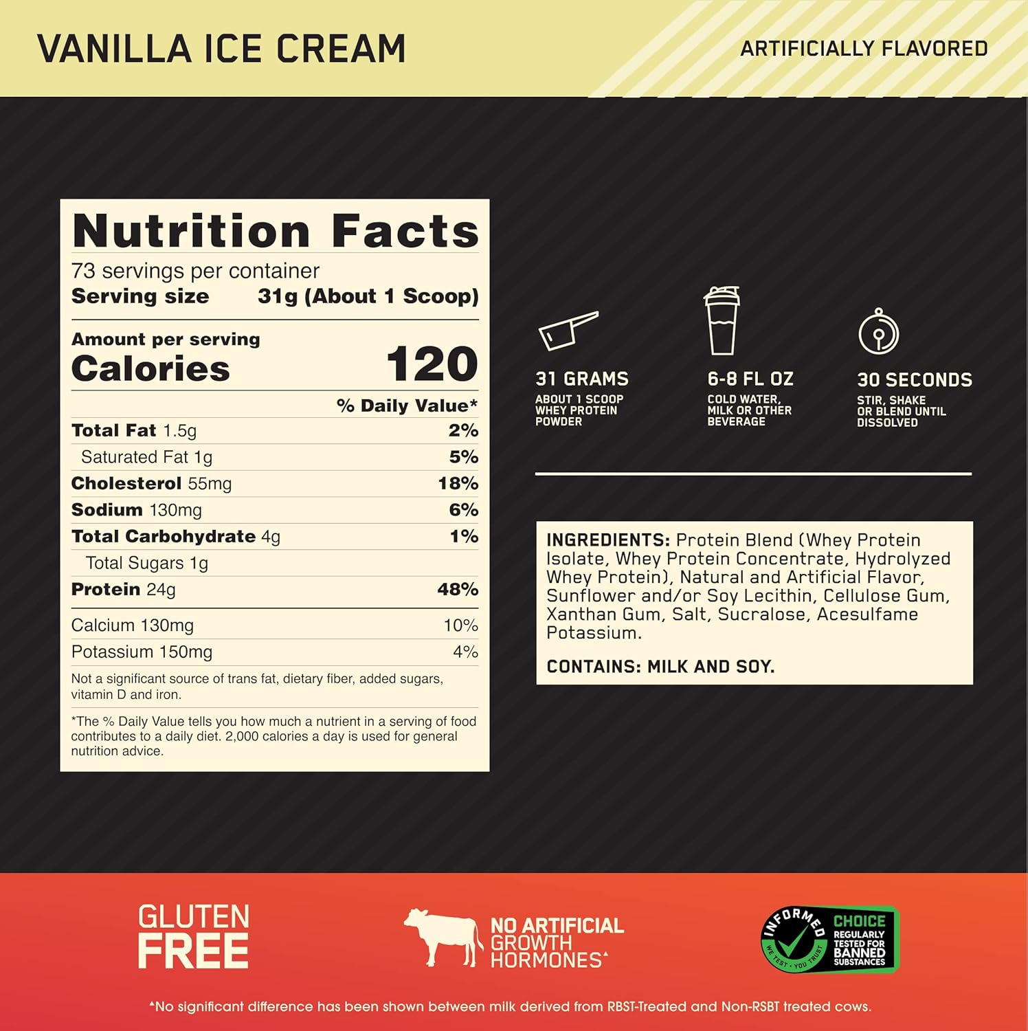 پودر پروتئین وی اپتیموم نوتریشن مدل Gold Standard 100% Whey، ۲۴ گرم پروتئین، ۲.۲۷ کیلوگرم و طعم بستنی وانیلی