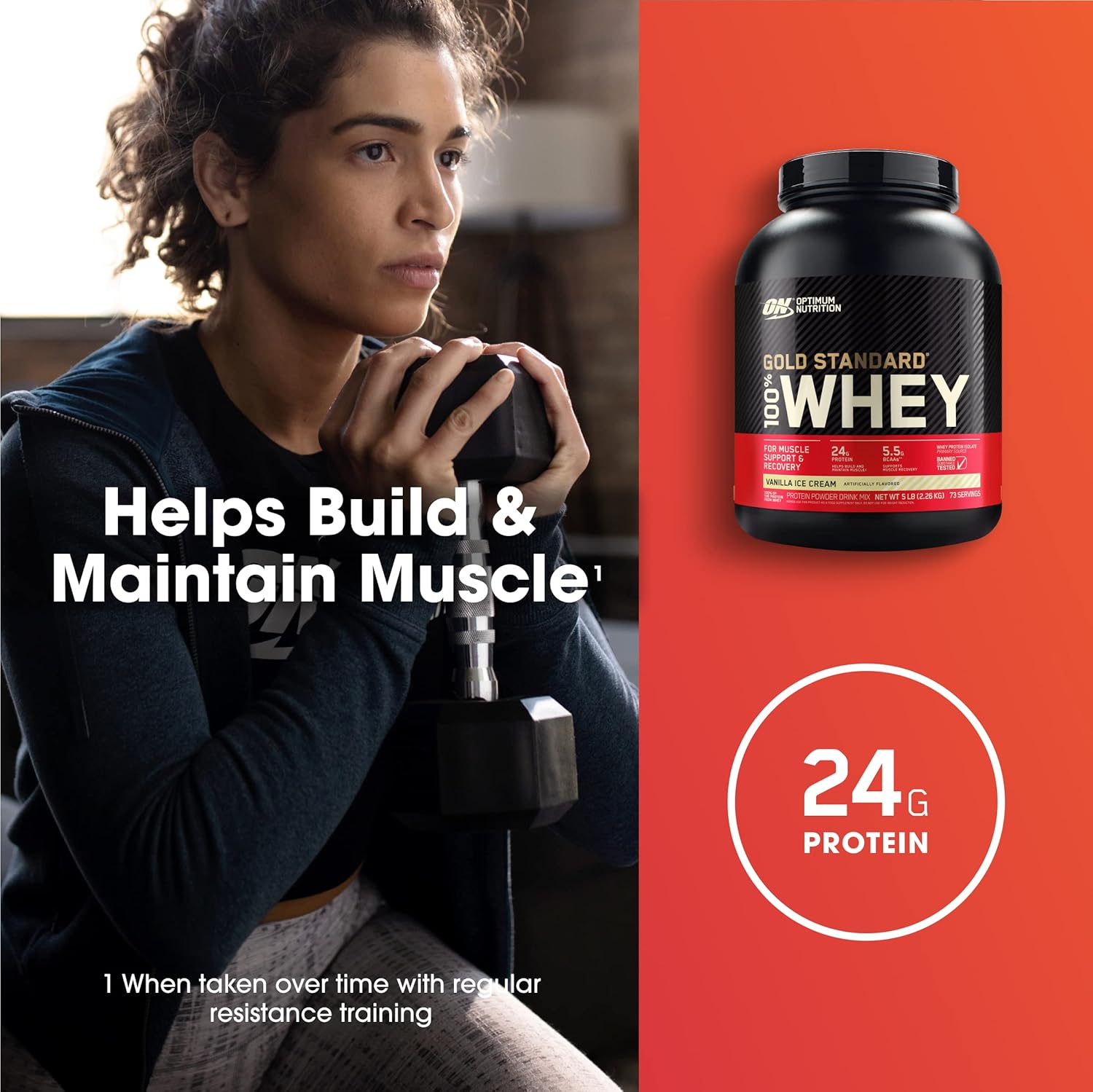 پودر پروتئین وی اپتیموم نوتریشن مدل Gold Standard 100% Whey، ۲۴ گرم پروتئین، ۲.۲۷ کیلوگرم و طعم بستنی وانیلی