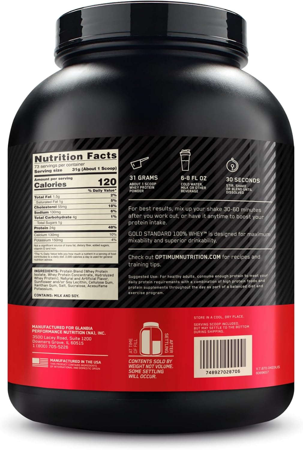 پودر پروتئین وی اپتیموم نوتریشن مدل Gold Standard 100% Whey، ۲۴ گرم پروتئین، ۲.۲۷ کیلوگرم و طعم بستنی وانیلی